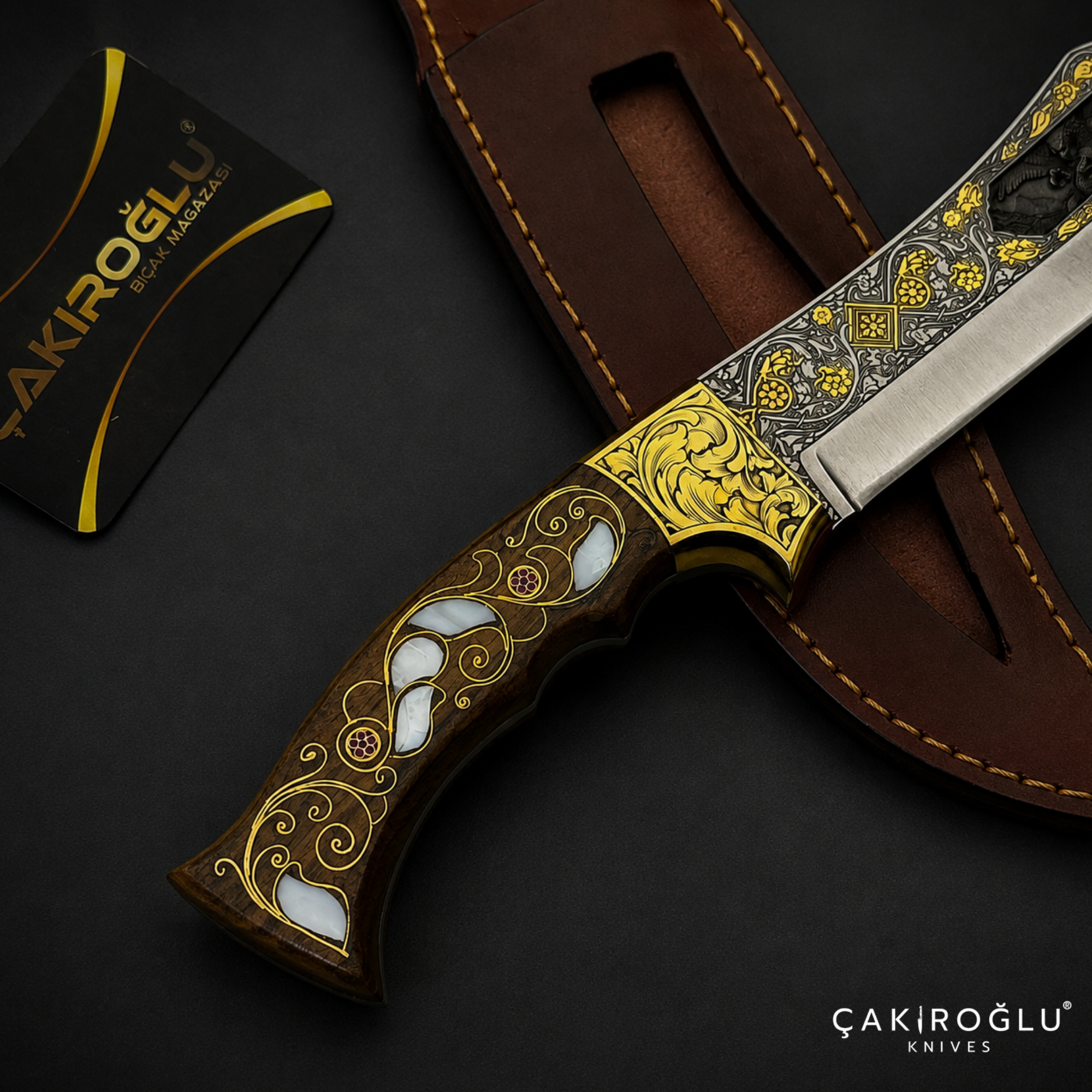 Handmade N690 Bowie Knife, 24K Gold Inlay, Walnut Handle, Mother of Pearl