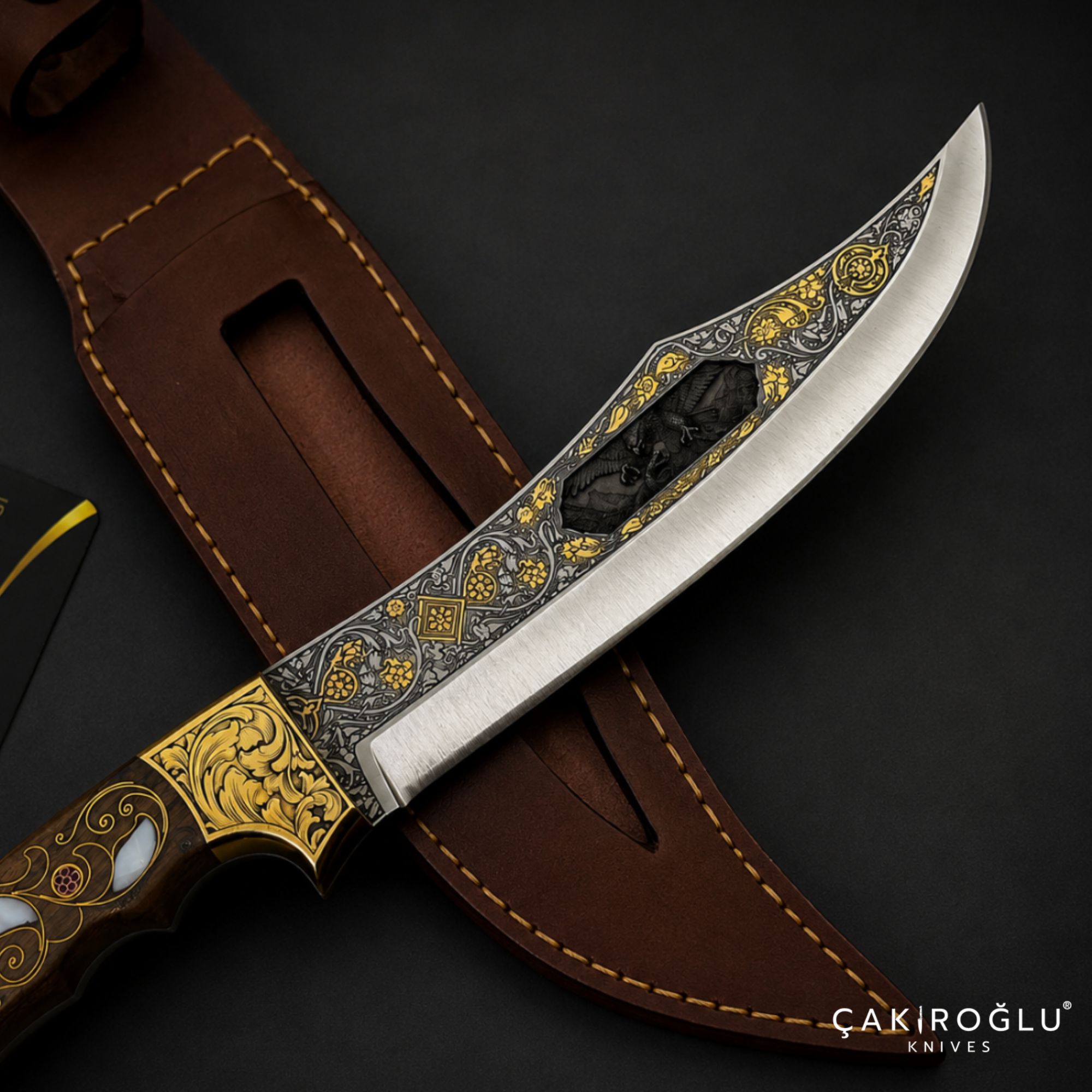 Handmade N690 Bowie Knife, 24K Gold Inlay, Walnut Handle, Mother of Pearl