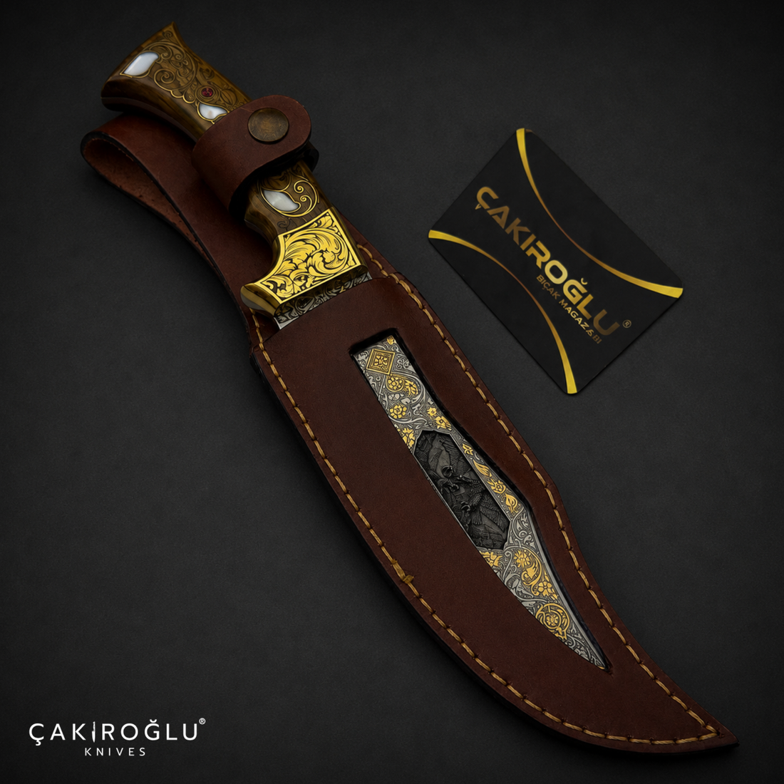 Handmade N690 Bowie Knife, 24K Gold Inlay, Walnut Handle, Mother of Pearl