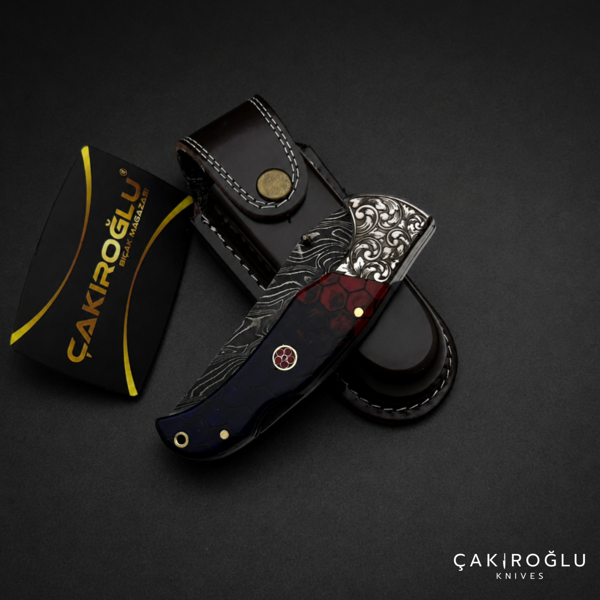 Handmade Damascus Custom Folding Pocket Knife with Sheath