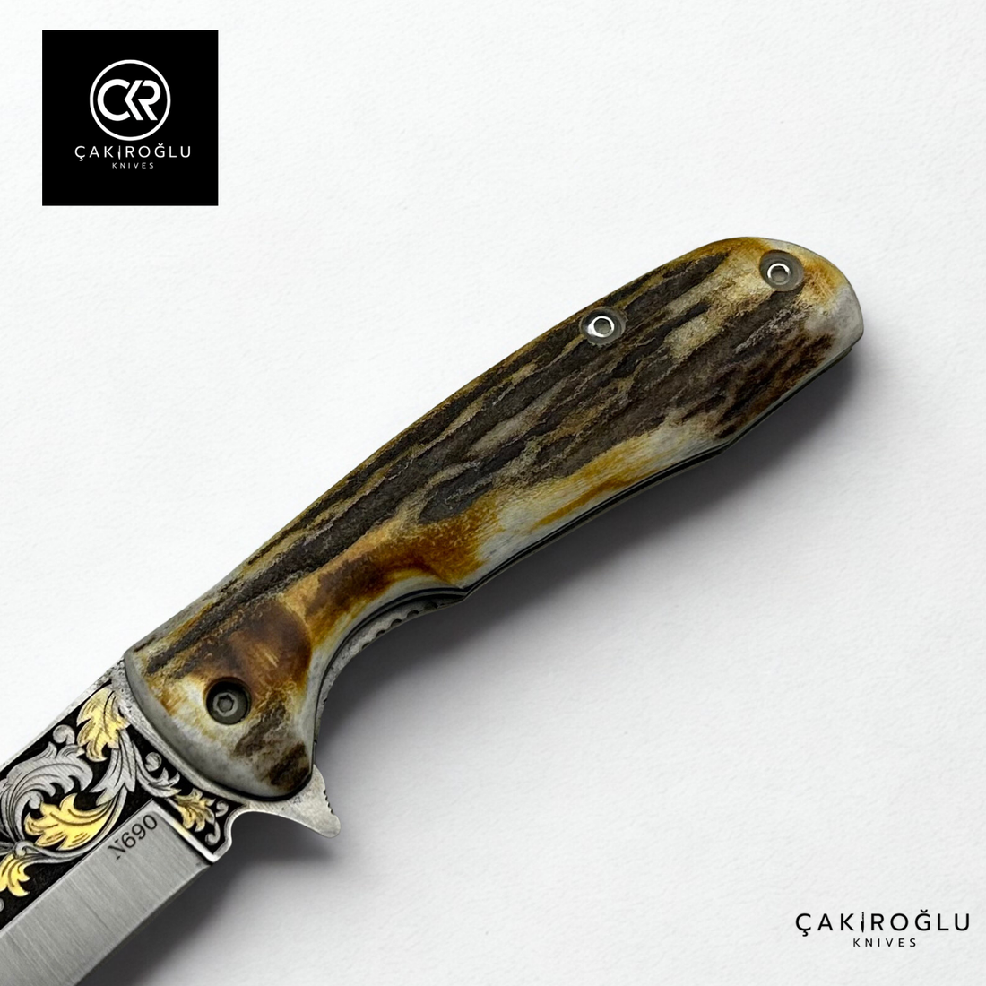 Handcrafted Custom-made Folding Knife - N690 Steel with 24K Gold Engravings & Special Deer Antler Handle