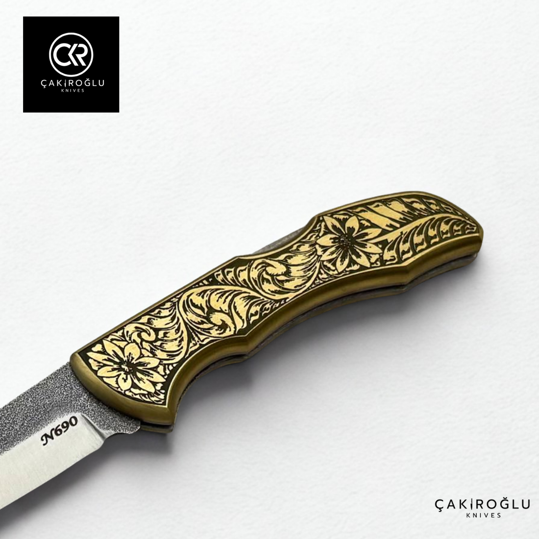 Showy Limited Edition Medium Size Handcrafted Custom-made Folding Collectible Knife - N690 Böhler Steel & Engraved Brass Handle
