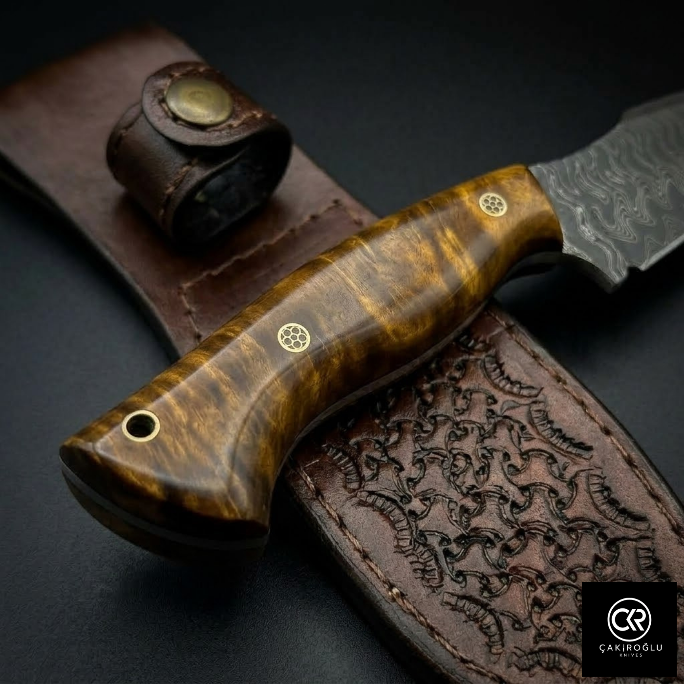 Çakıroğlu Handmade Custom-made Damascus Steel & Stabilized Walnut Wood Handle Tanto Model Hunting Knife