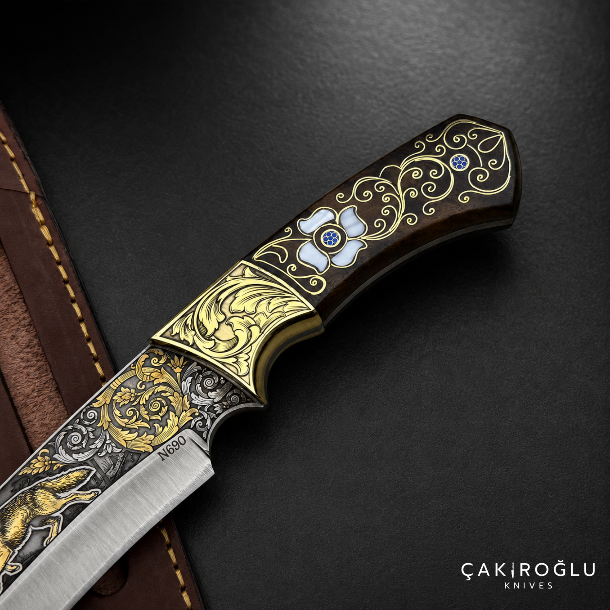 Handmade Gold Engraved N690 Hunting Knife – Walnut Handle with Mother of Pearl & Gold Details