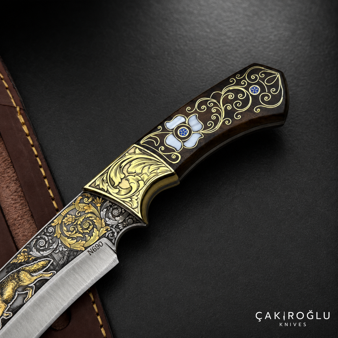 Handmade Gold Engraved N690 Hunting Knife – Walnut Handle with Mother of Pearl & Gold Details