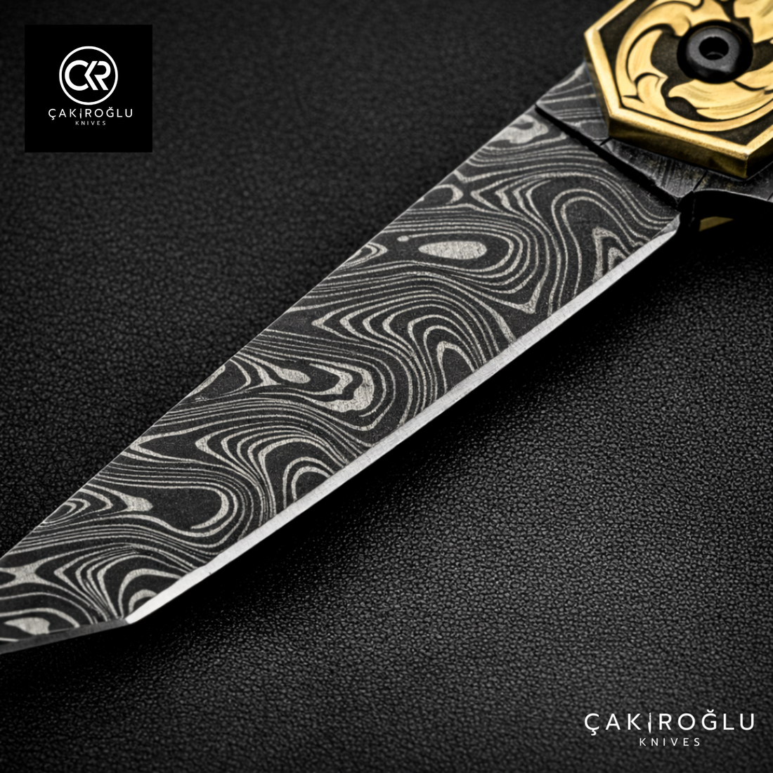Handmade Damascus Pocket Folding Knife, Engraved Brass Handle