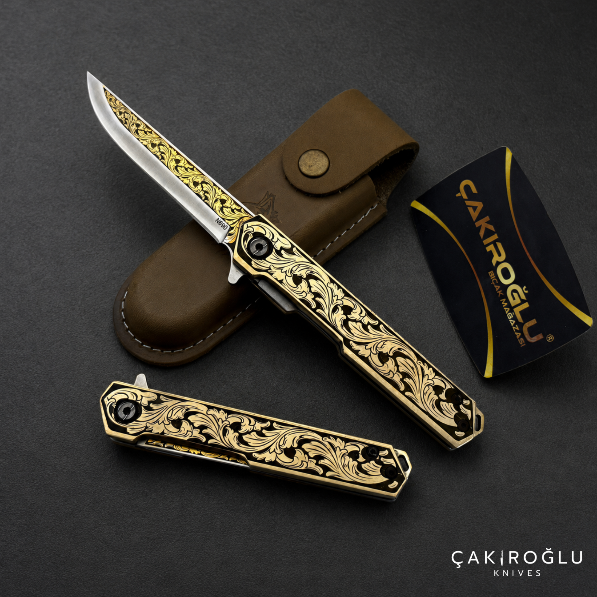 Handmade Folding Pocket Knife, N690 Gold Engraving Steel, Brass Handle