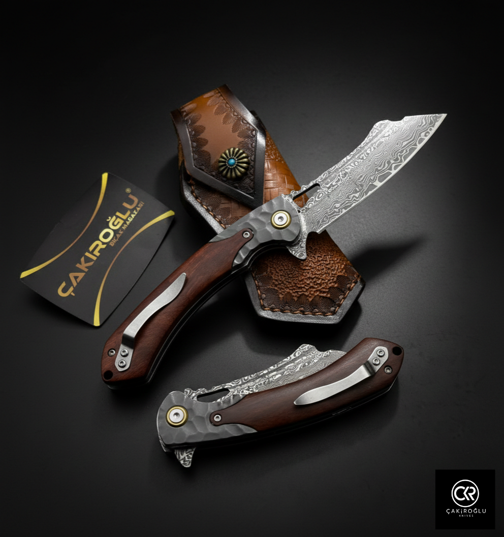 Damascus Steel Folding Knife with Cocobolo Handle