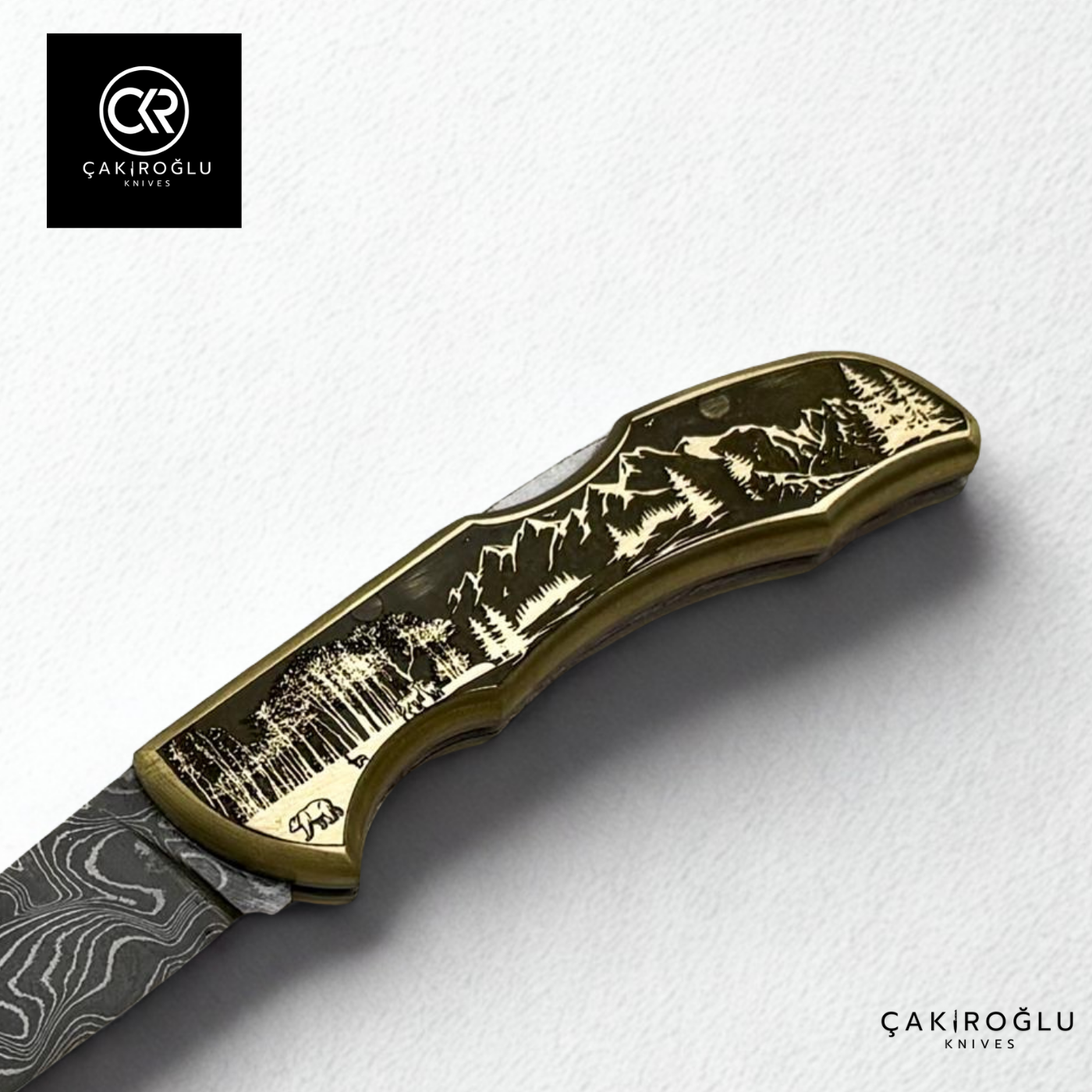 Showy Limited Edition Small Size Handcrafted Custom-made Folding Collectible Knife - Damascus Steel & Engraved Brass Handle