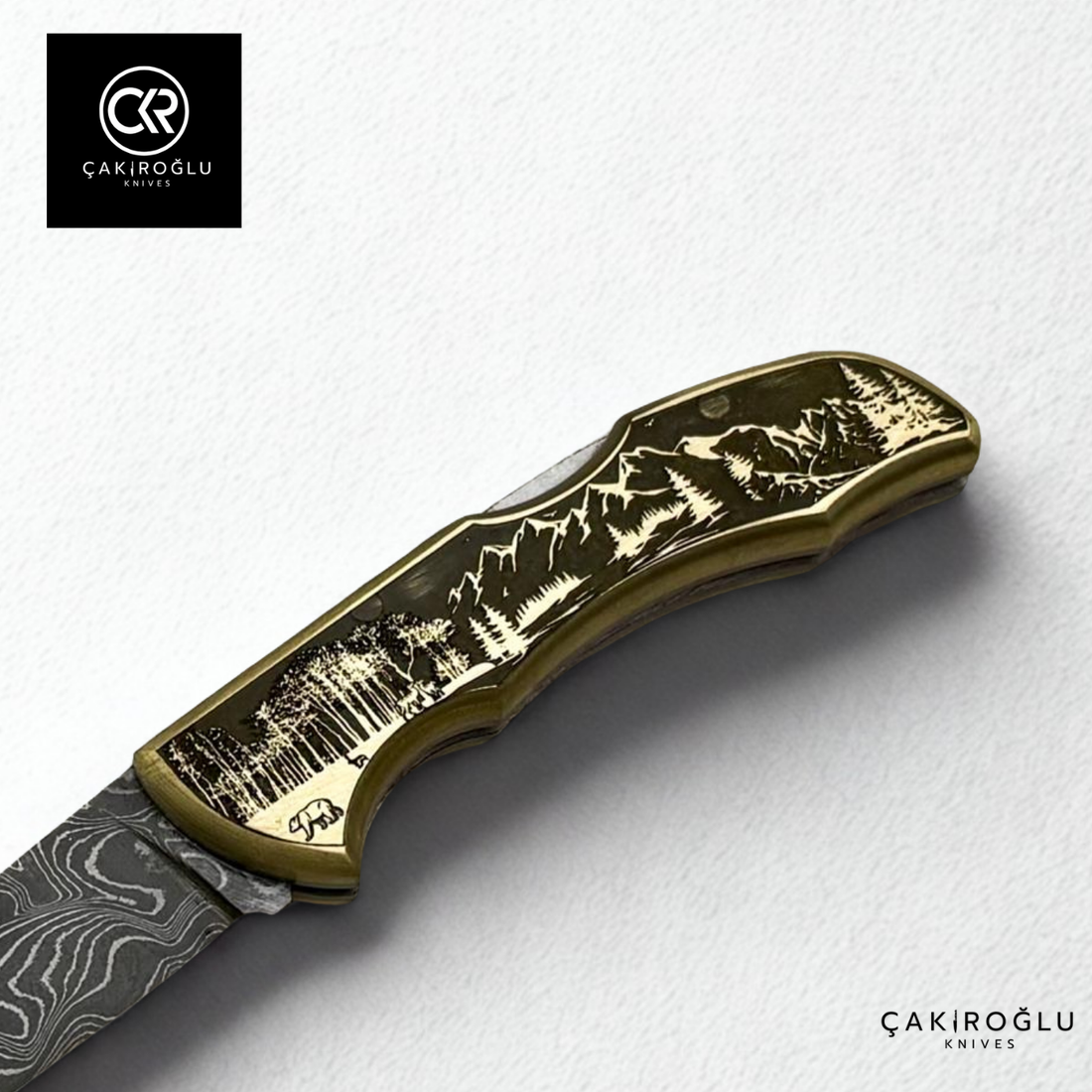 Showy Limited Edition Small Size Handcrafted Custom-made Folding Collectible Knife - Damascus Steel & Engraved Brass Handle