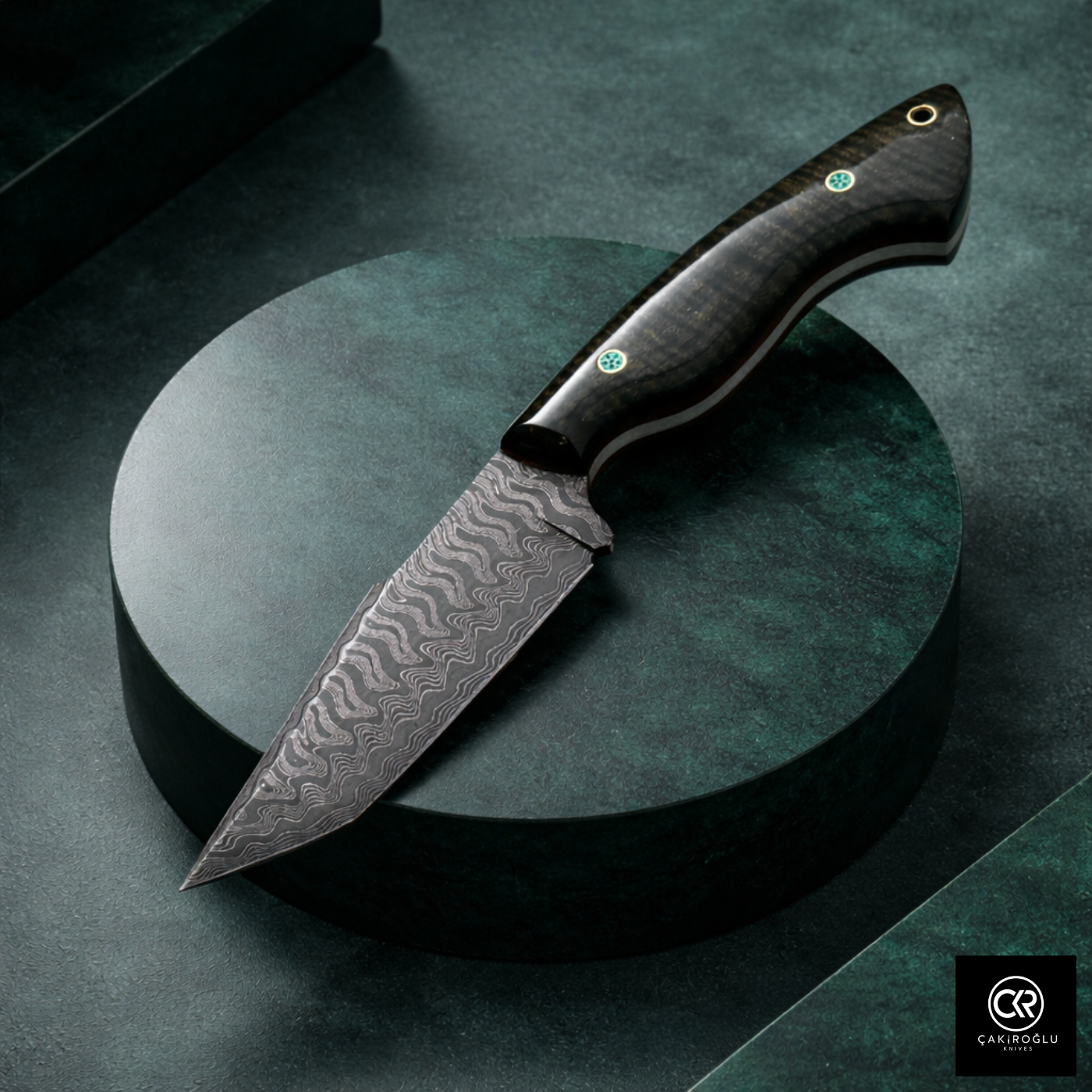 Çakıroğlu Handmade Custom-made Damascus Steel & Stabilized Tulipwood Handle Tanto Model Hunting Knife