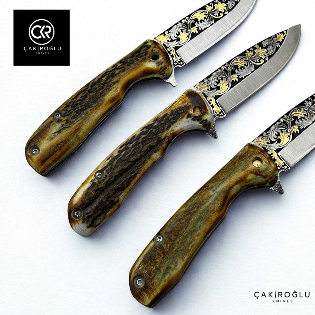 Handcrafted Custom-made Folding Knife - N690 Steel with 24K Gold Engravings & Special Deer Antler Handle
