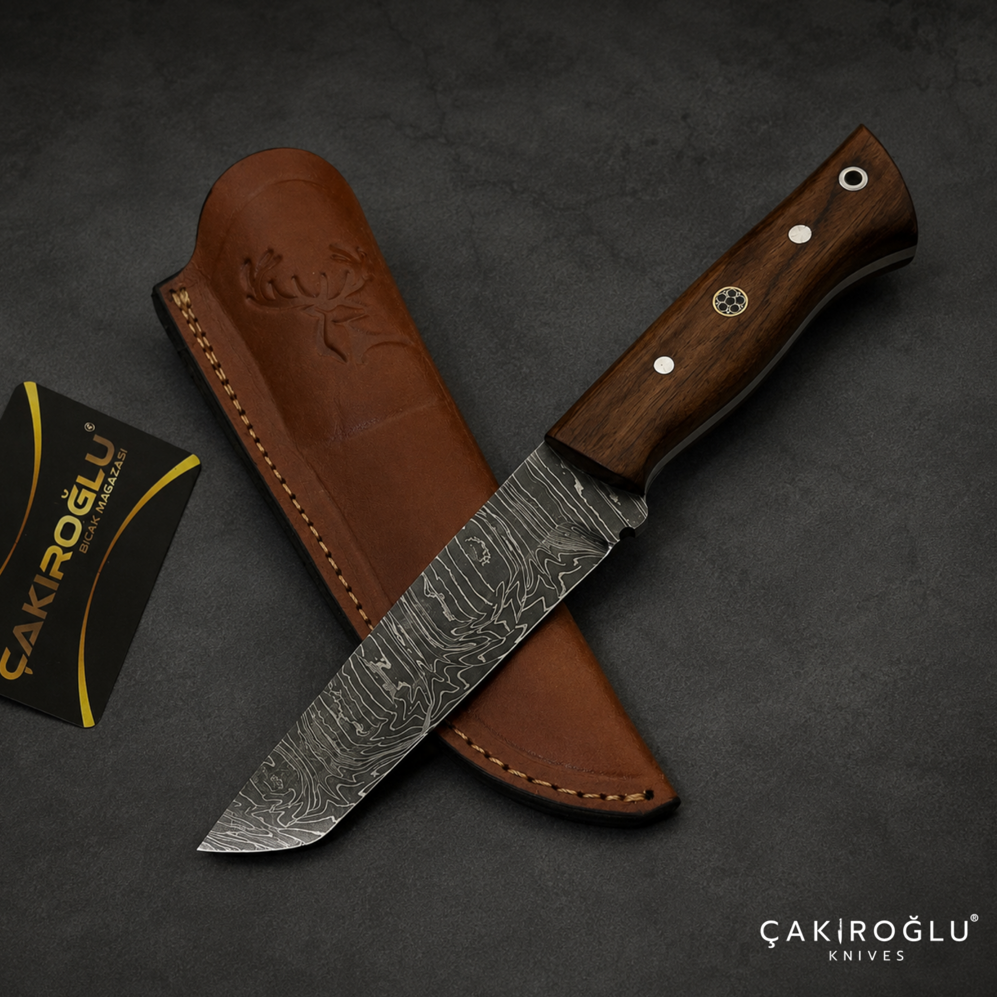 Handmade Damascus Steel Hunting Knife – Rosewood Handle, Leather Sheath