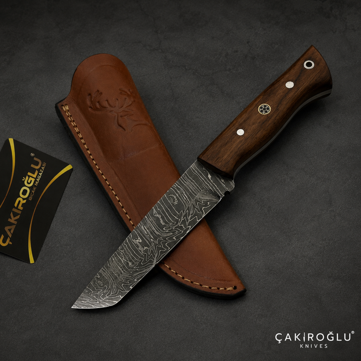 Handmade Damascus Steel Hunting Knife – Rosewood Handle, Leather Sheath