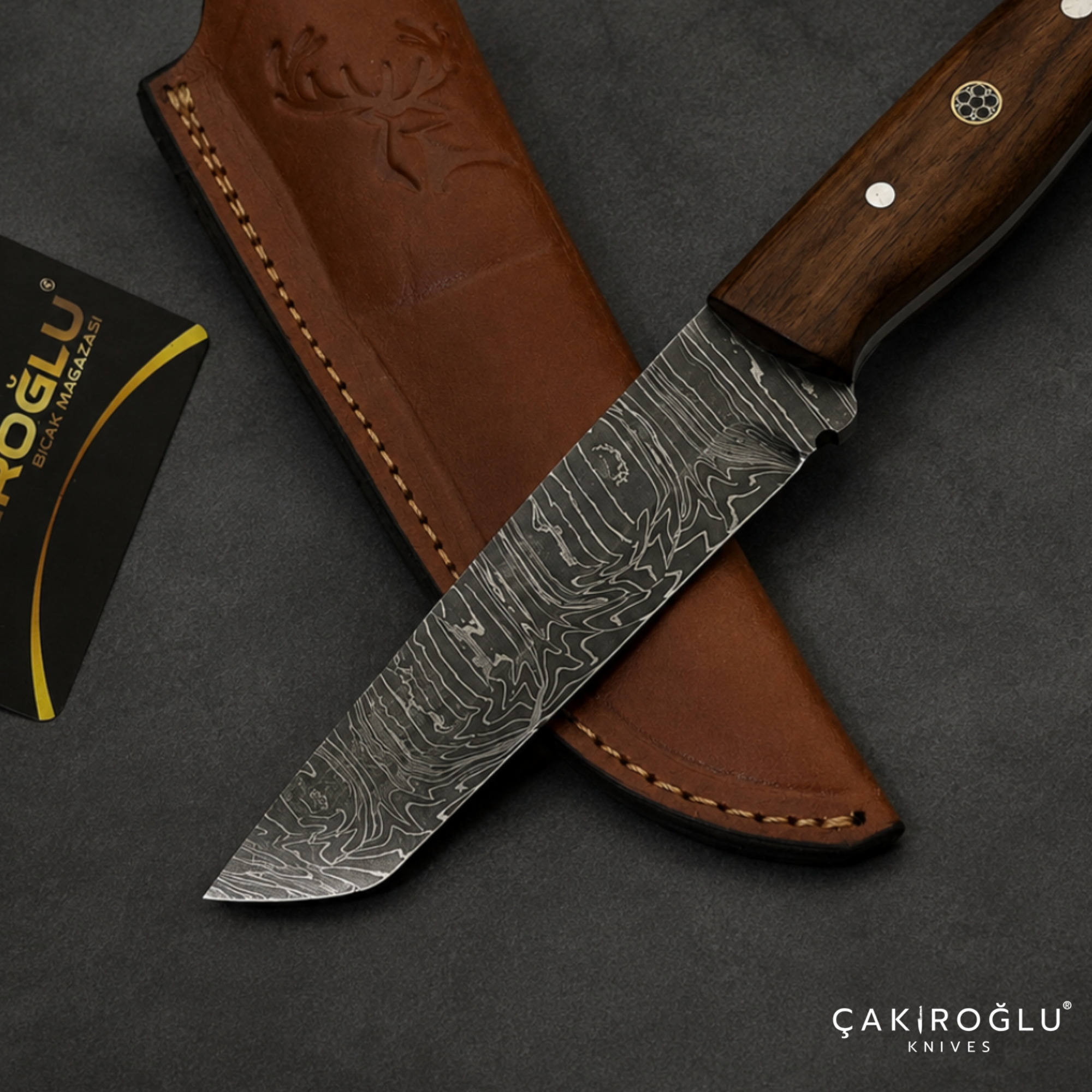Handmade Damascus Steel Hunting Knife – Rosewood Handle, Leather Sheath