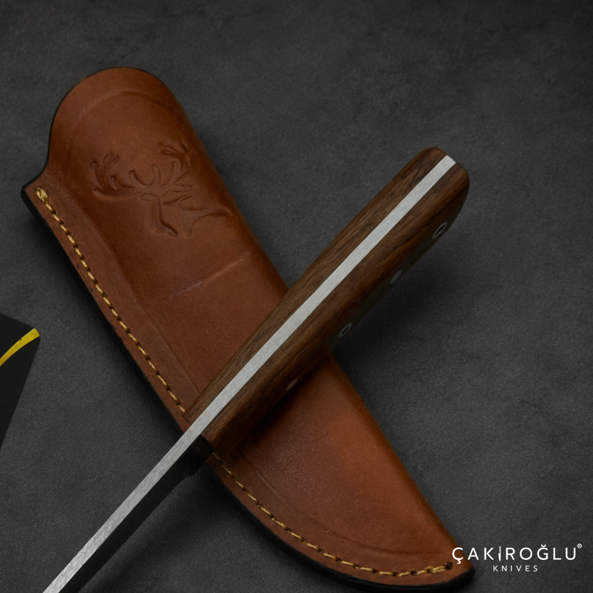 Handmade Damascus Steel Hunting Knife – Rosewood Handle, Leather Sheath