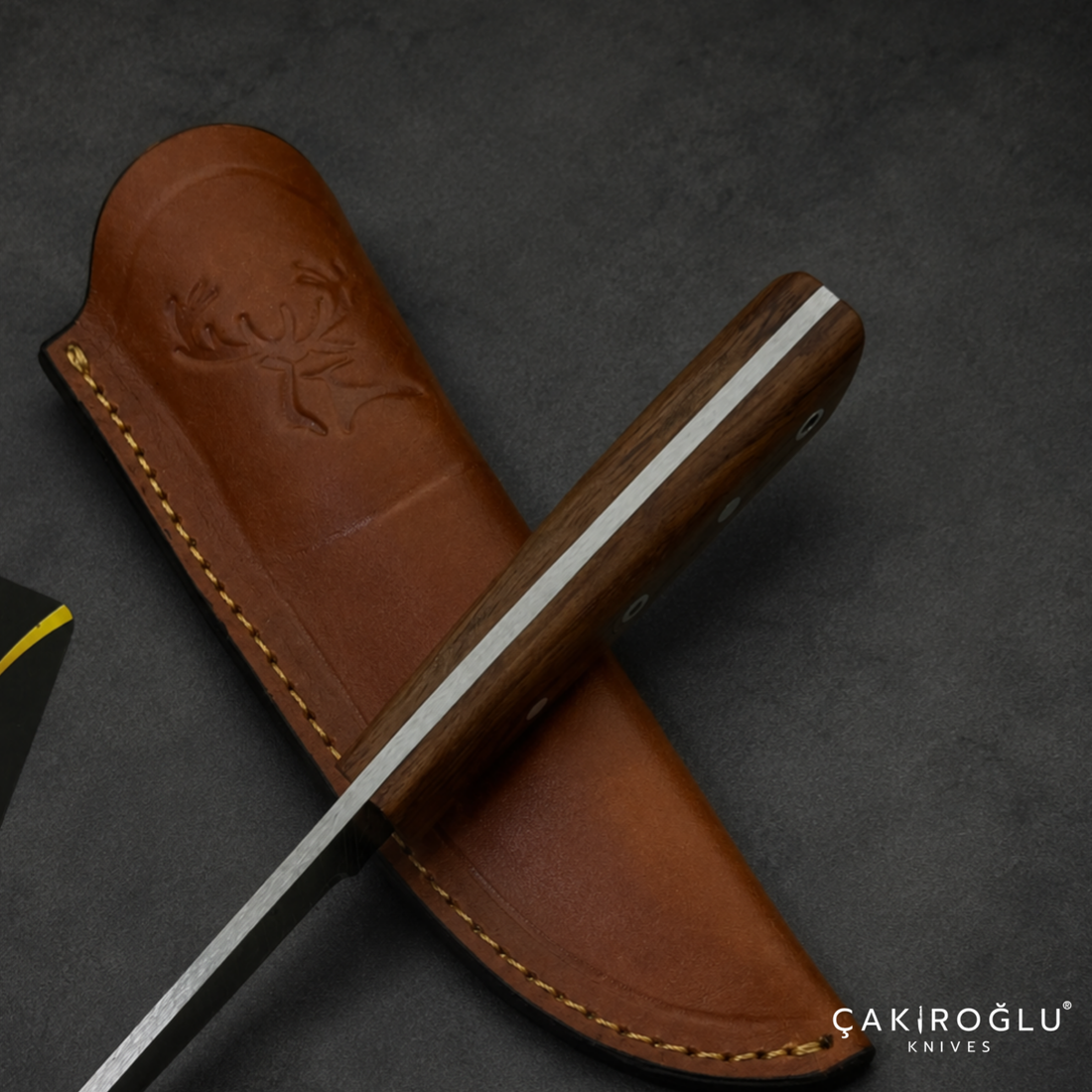 Handmade Damascus Steel Hunting Knife – Rosewood Handle, Leather Sheath