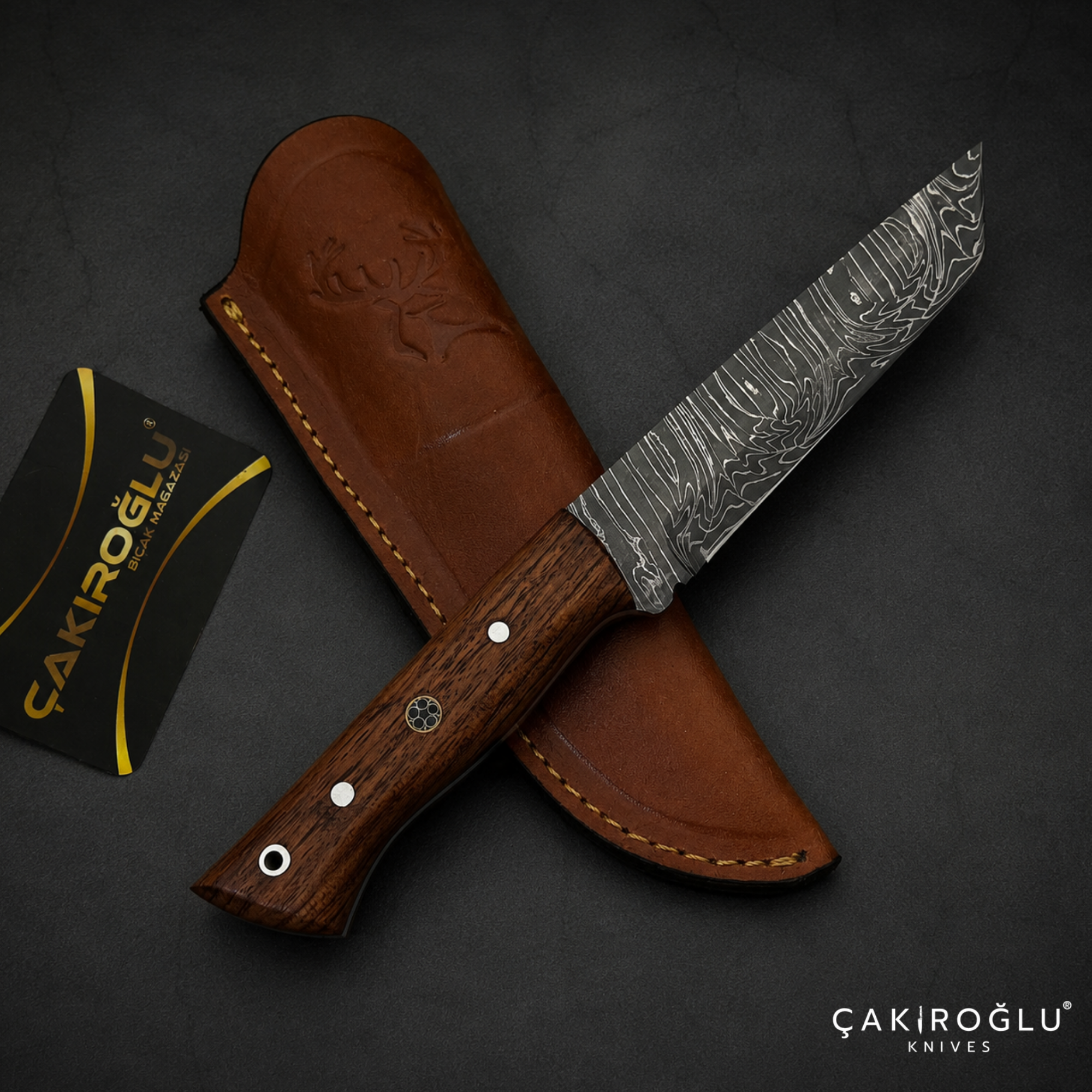 Handmade Damascus Steel Hunting Knife – Rosewood Handle, Leather Sheath