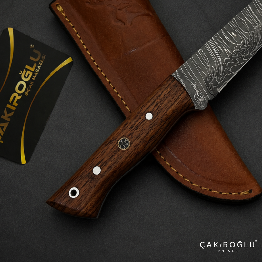 Handmade Damascus Steel Hunting Knife – Rosewood Handle, Leather Sheath