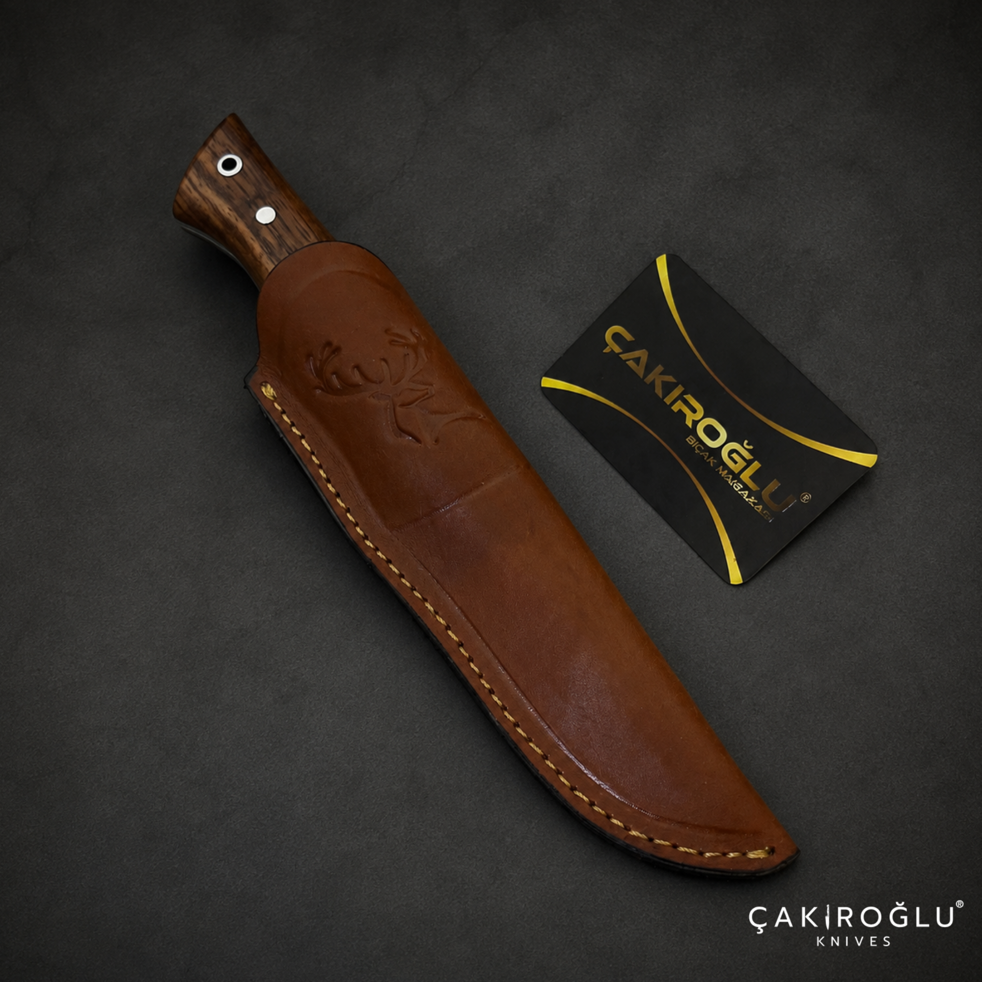 Handmade Damascus Steel Hunting Knife – Rosewood Handle, Leather Sheath