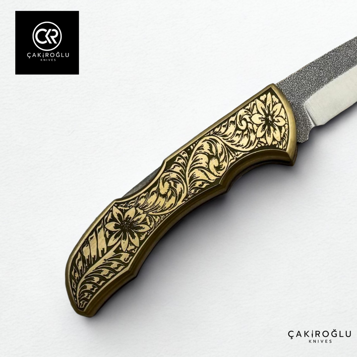 Showy Limited Edition Medium Size Handcrafted Custom-made Folding Collectible Knife - N690 Böhler Steel & Engraved Brass Handle