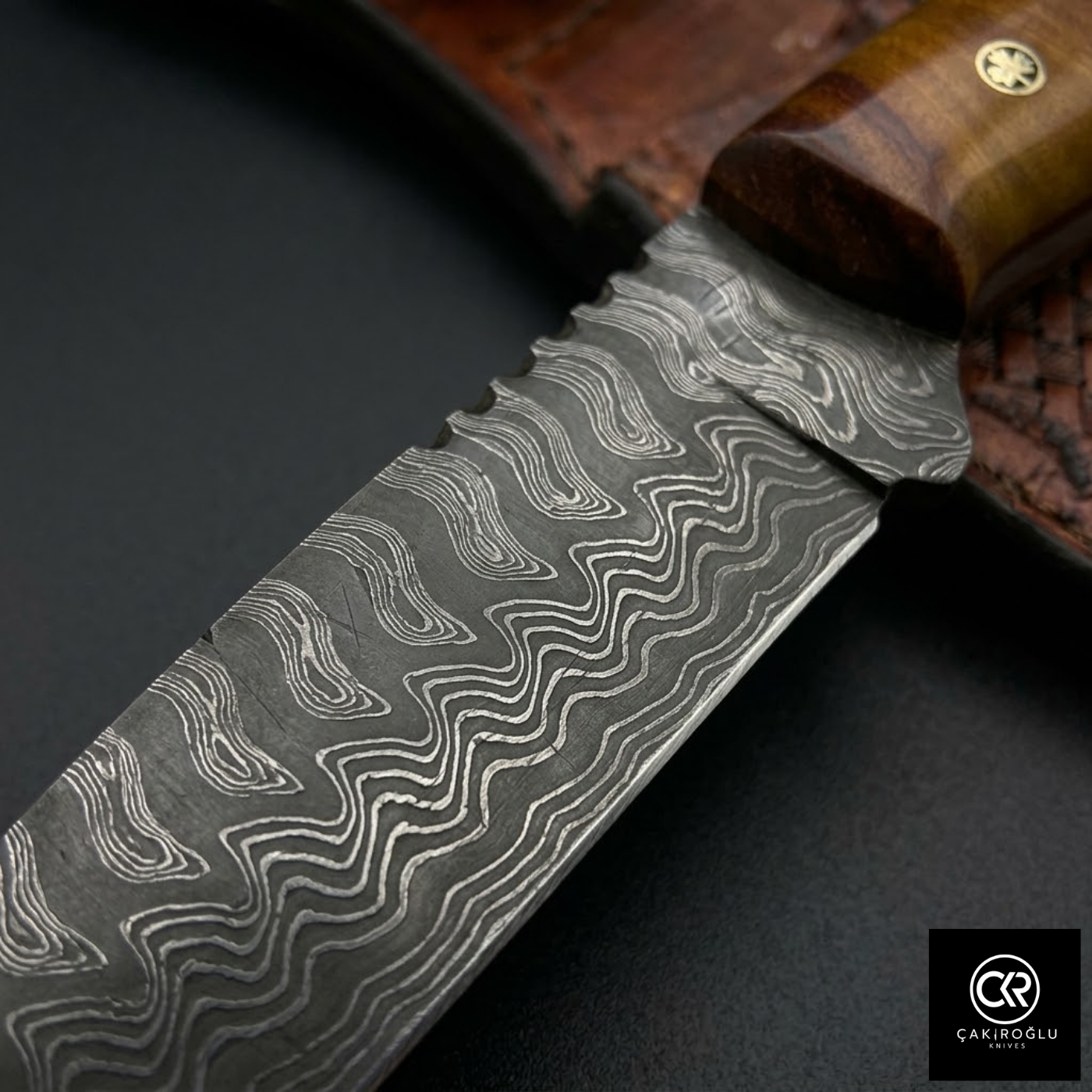 Çakıroğlu Handmade Custom-made Damascus Steel & Stabilized Tulipwood Handle Tanto Model Hunting Knife