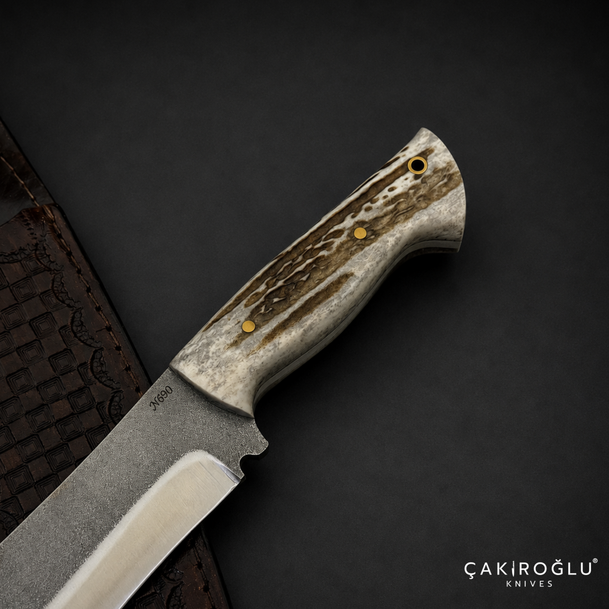 N690 Hunting Knife with Deer Antler Handle - Custom Handmade Nessmuk Knife