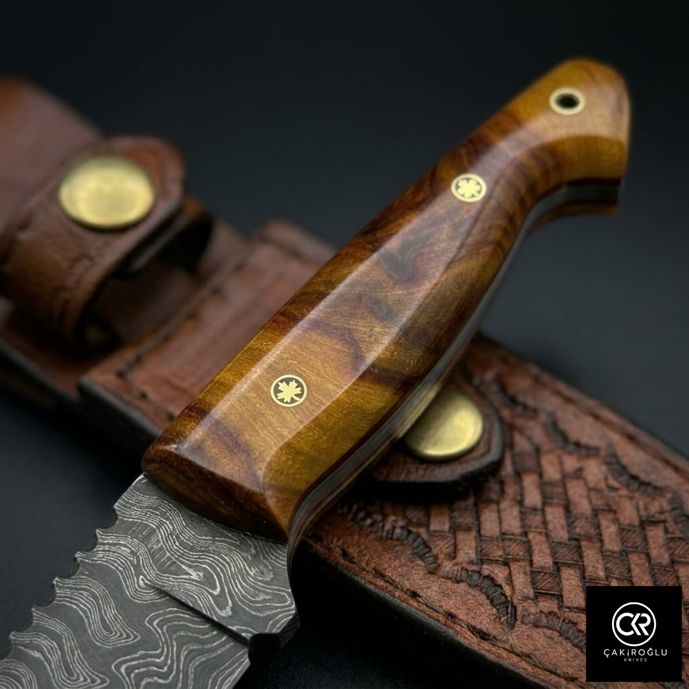 Çakıroğlu Handmade Custom-made Damascus Steel & Stabilized Tulipwood Handle Tanto Model Hunting Knife