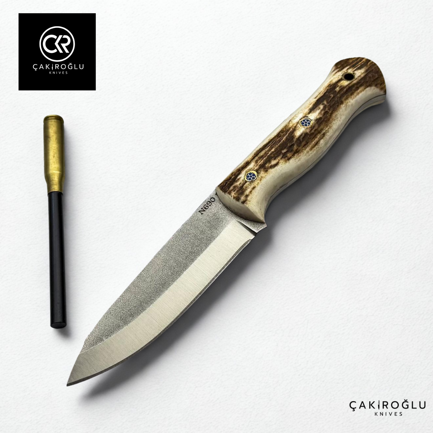 Handcrafted Custom-made Bushcraft Hunting Knife & Deer Antler Handle and Magnesium Bar