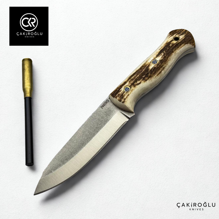 Handcrafted Custom-made Bushcraft Hunting Knife & Deer Antler Handle and Magnesium Bar