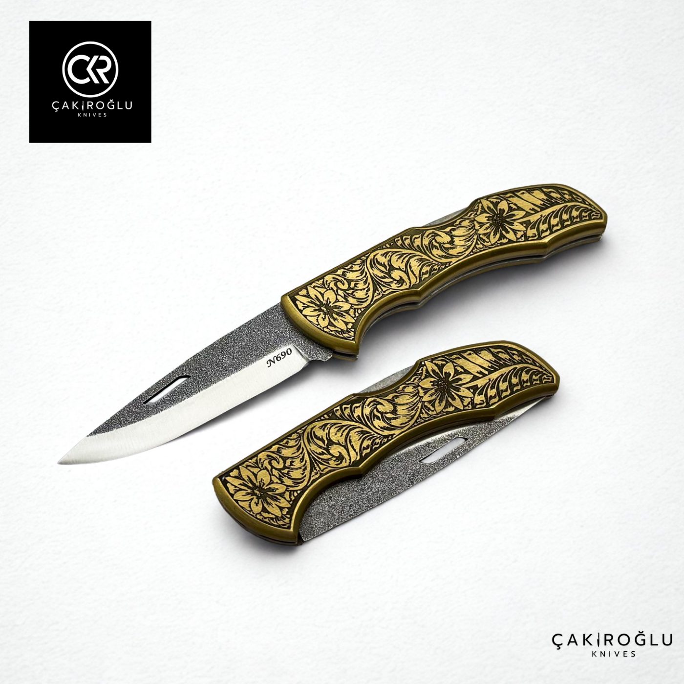 Showy Limited Edition Large Size Handcrafted Custom-made Folding Collectible Knife - N690 Böhler Steel & Engraved Brass Handle