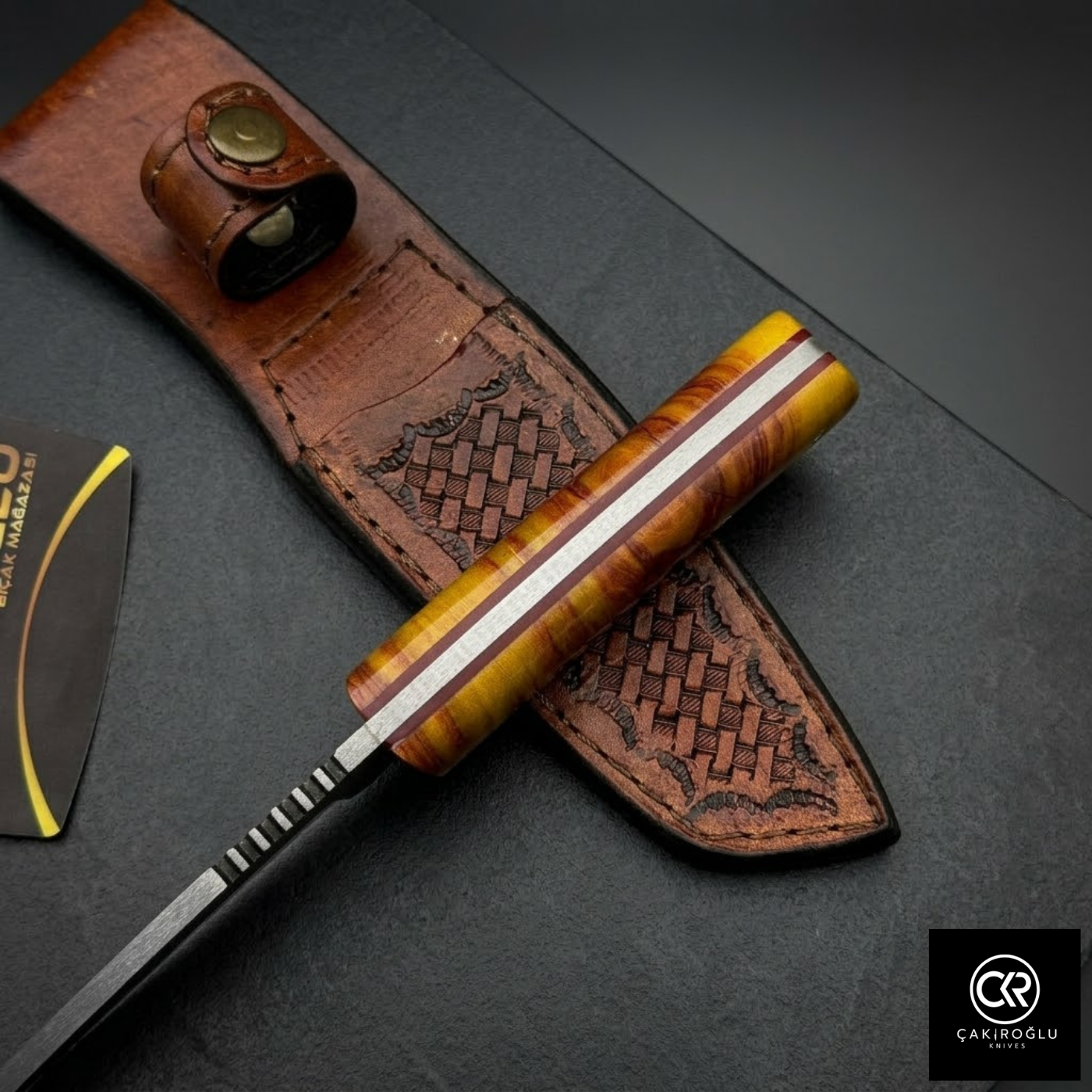 Çakıroğlu Handmade Custom-made Damascus Steel & Stabilized Tulipwood Handle Tanto Model Hunting Knife