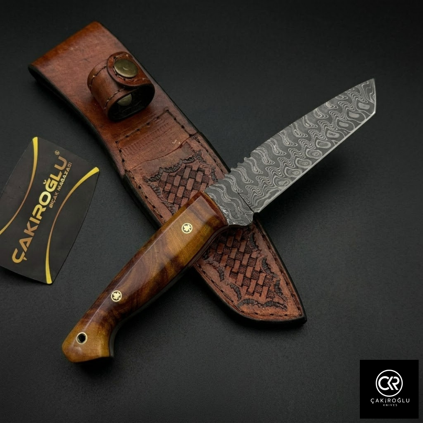 Çakıroğlu Handmade Custom-made Damascus Steel & Stabilized Tulipwood Handle Tanto Model Hunting Knife