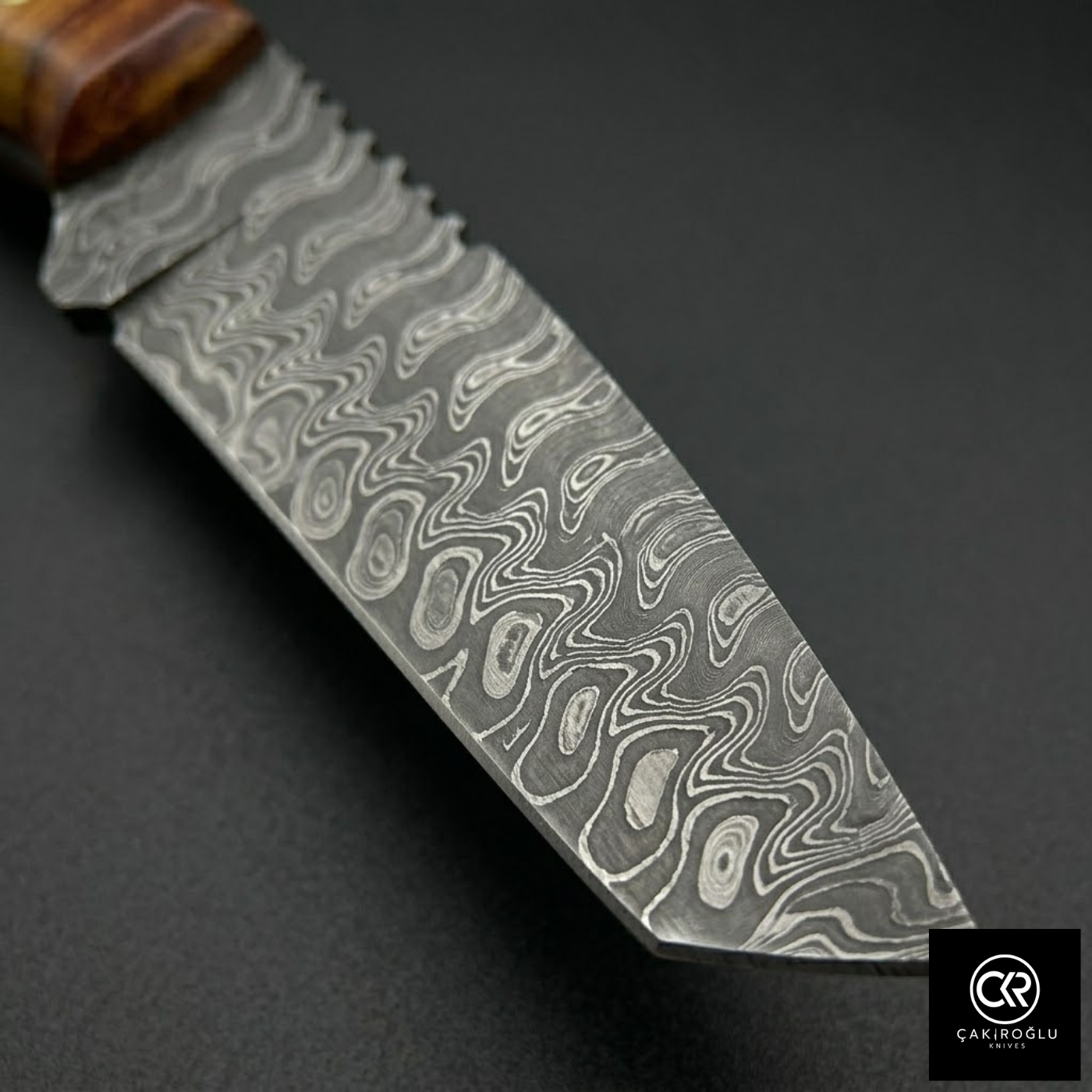 Çakıroğlu Handmade Custom-made Damascus Steel & Stabilized Tulipwood Handle Tanto Model Hunting Knife