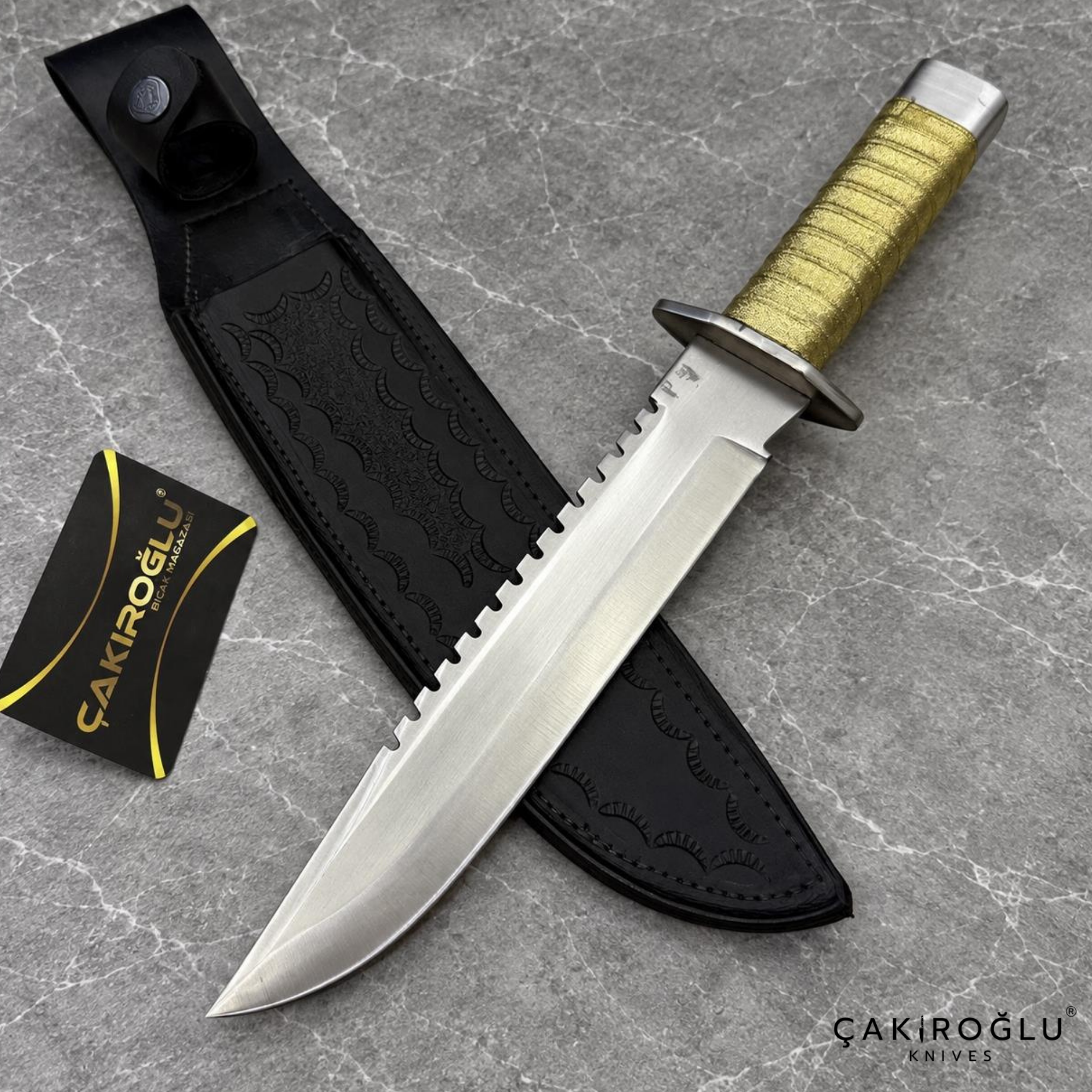 Aurelius - 4116 Stainless Steel Handmade Bayonet Hunting & Camping Knife with Gold-Knitting Wooden Handle