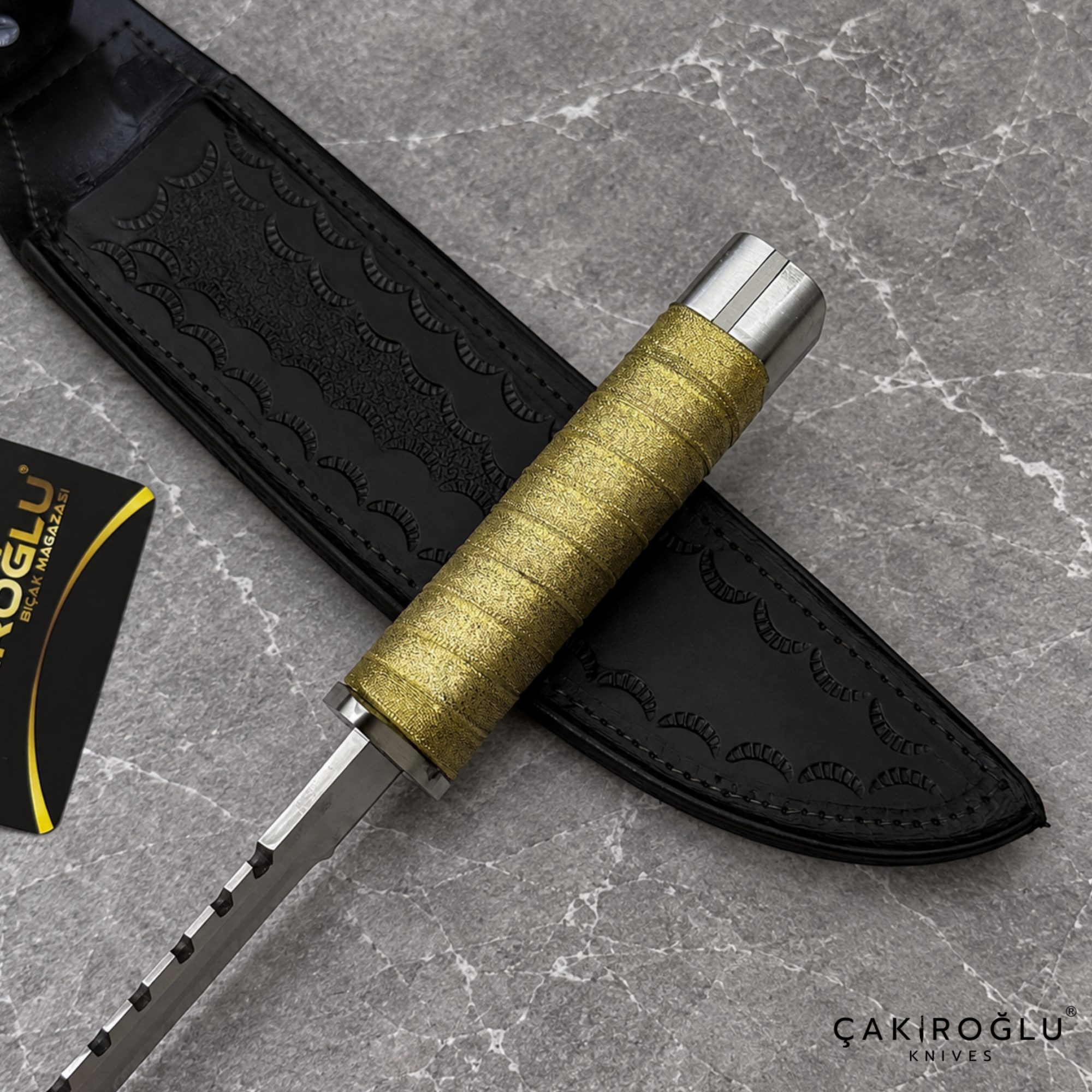 Aurelius - 4116 Stainless Steel Handmade Bayonet Hunting & Camping Knife with Gold-Knitting Wooden Handle