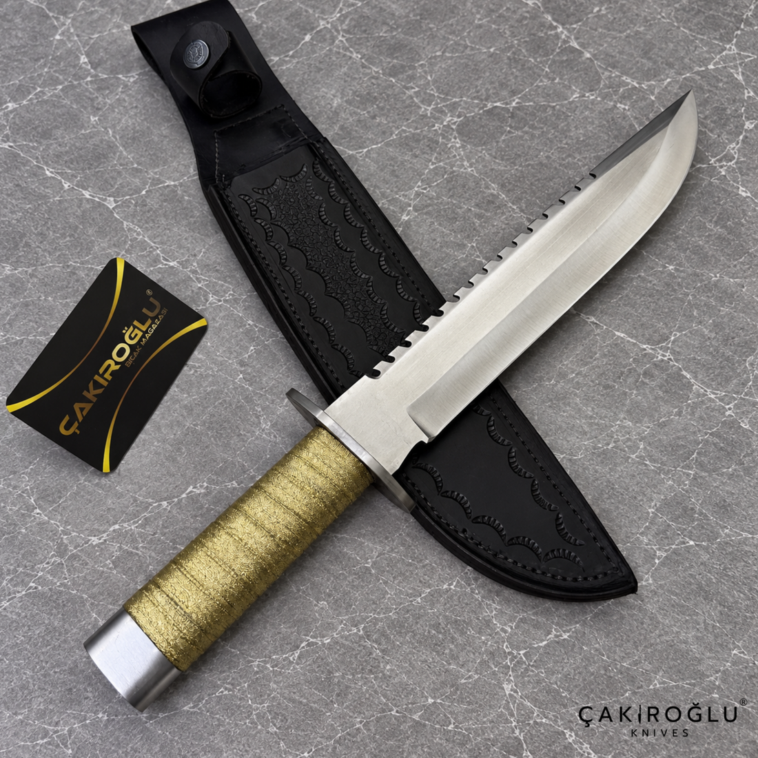 Aurelius - 4116 Stainless Steel Handmade Bayonet Hunting & Camping Knife with Gold-Knitting Wooden Handle