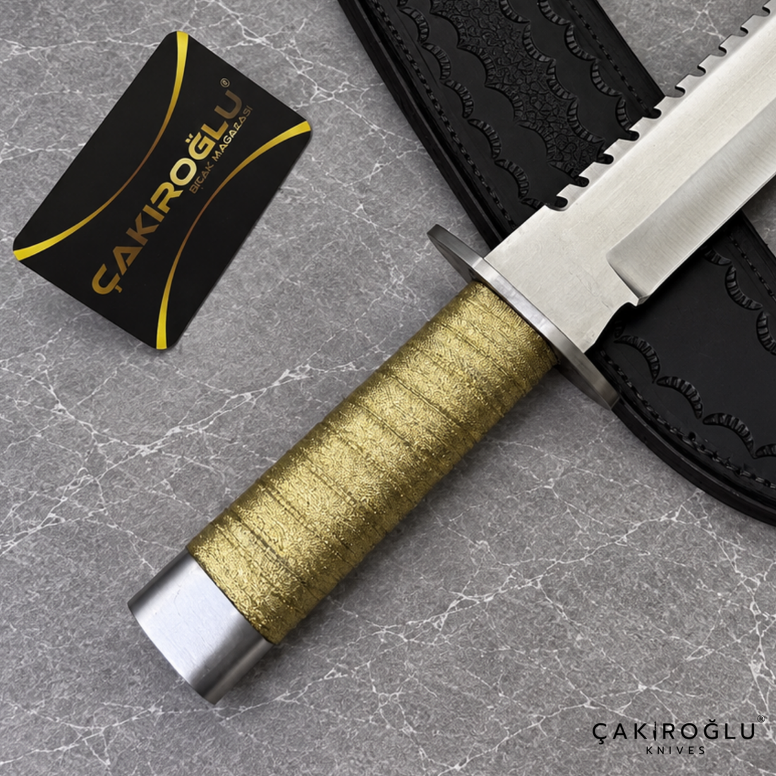 Aurelius - 4116 Stainless Steel Handmade Bayonet Hunting & Camping Knife with Gold-Knitting Wooden Handle