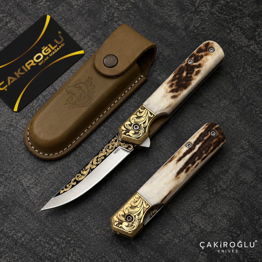 Handmade N690 Folding Pocket Knife with Deer Antler Handle & 14K Gold Engraving
