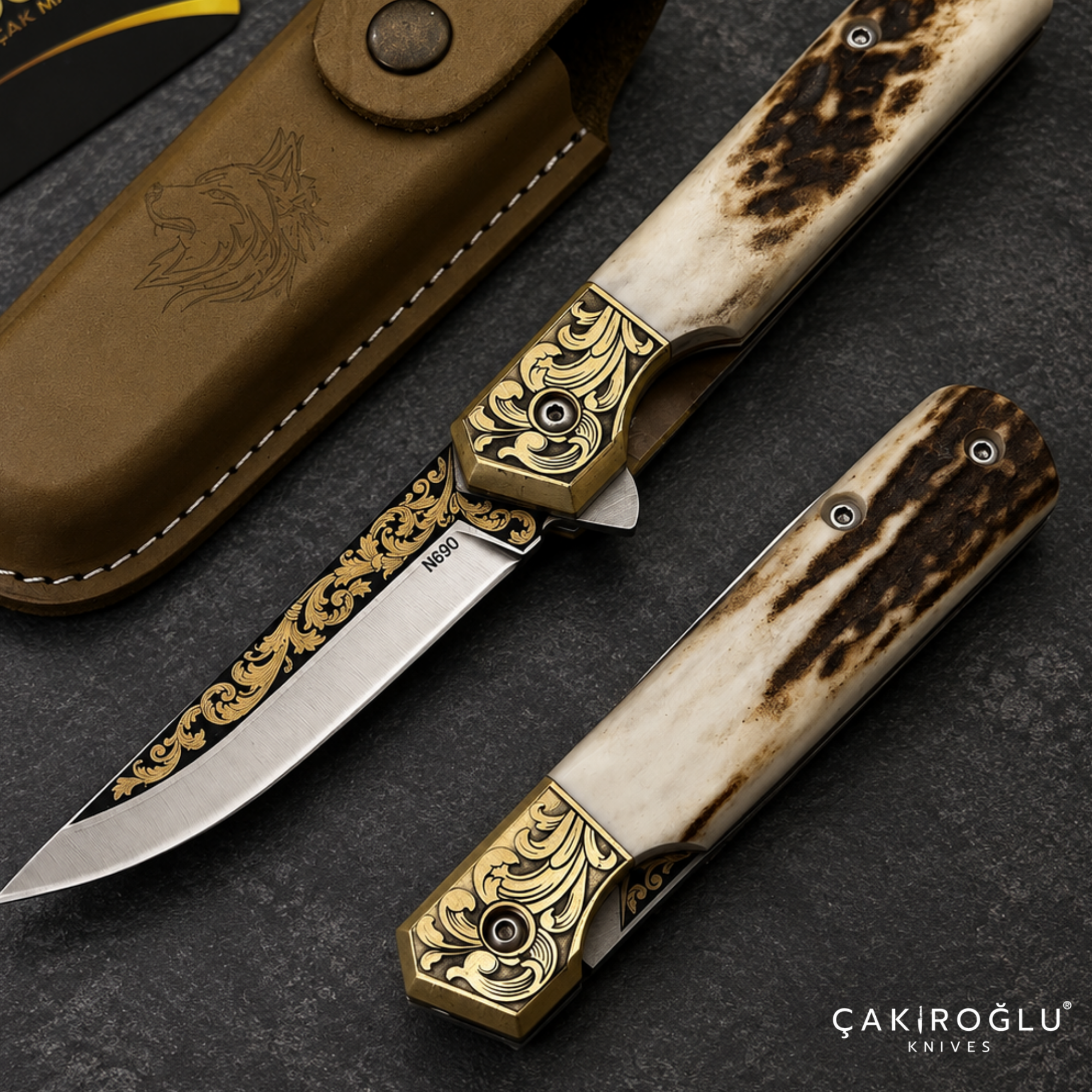 Handmade N690 Folding Pocket Knife with Deer Antler Handle & 14K Gold Engraving