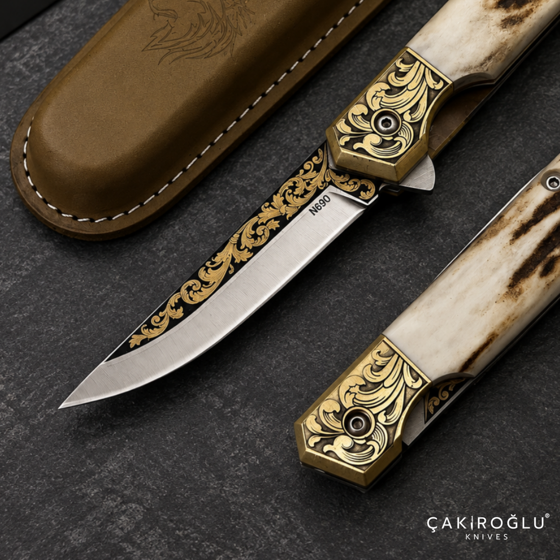 Handmade N690 Folding Pocket Knife with Deer Antler Handle & 14K Gold Engraving