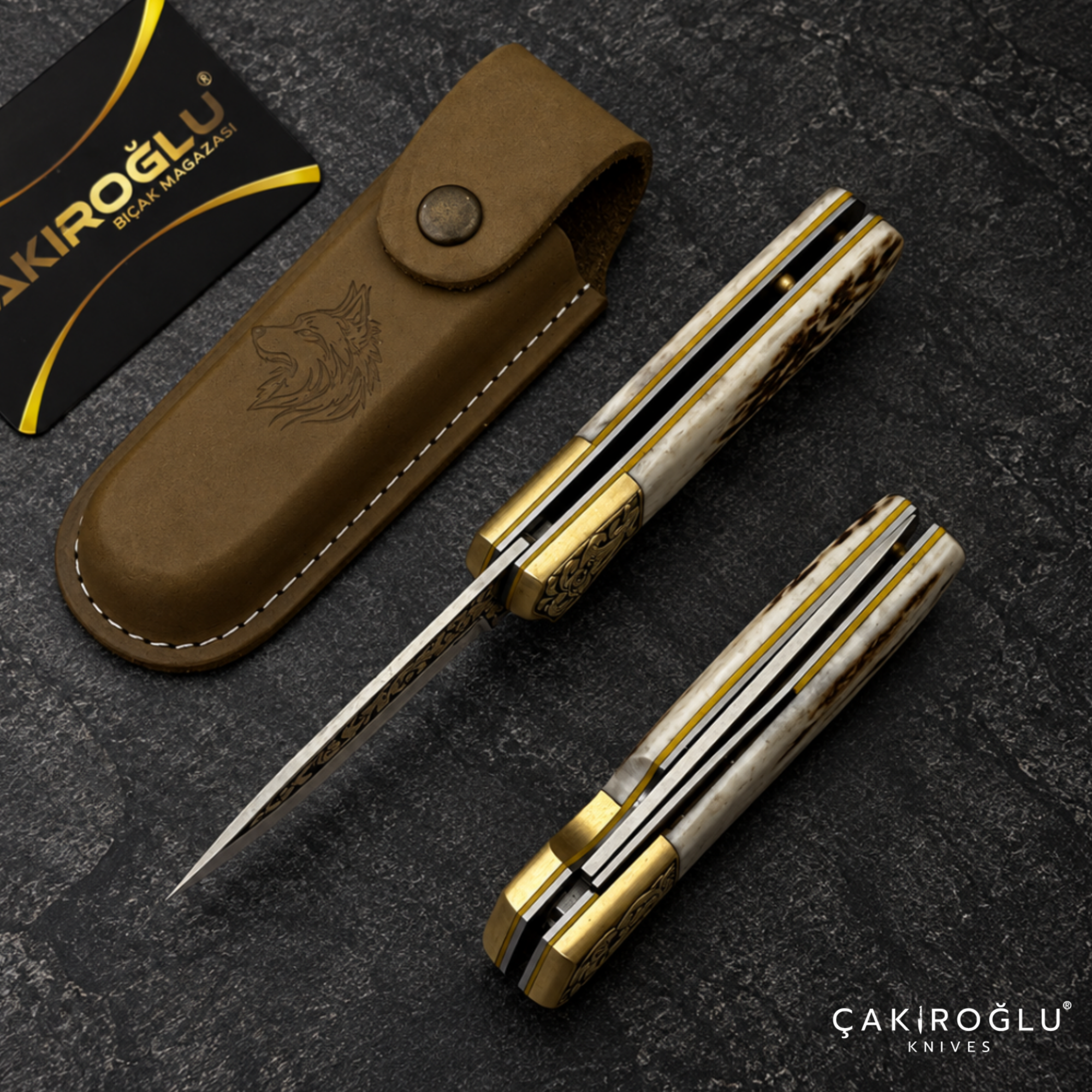 Handmade N690 Folding Pocket Knife with Deer Antler Handle & 14K Gold Engraving