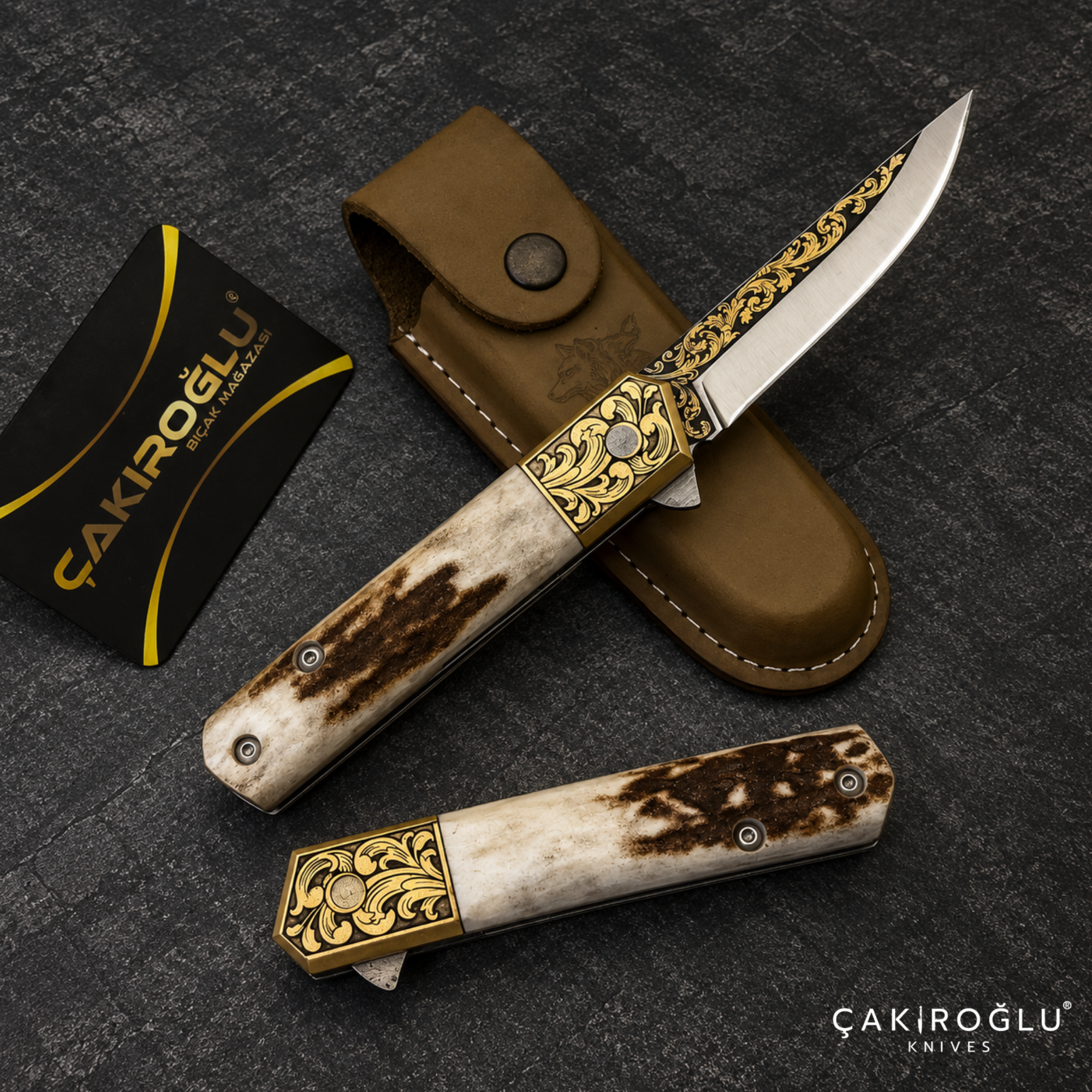 Handmade N690 Folding Pocket Knife with Deer Antler Handle & 14K Gold Engraving