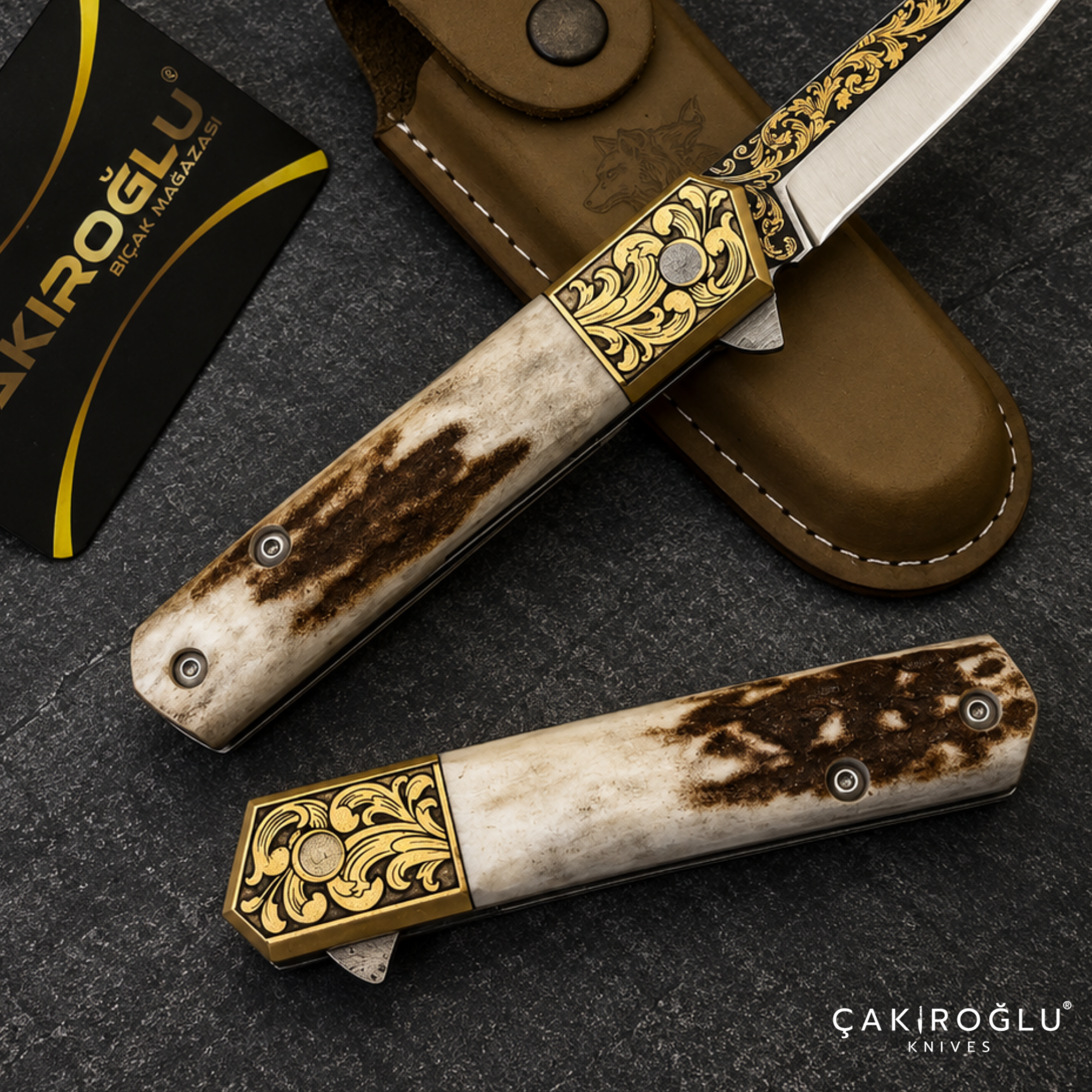 Handmade N690 Folding Pocket Knife with Deer Antler Handle & 14K Gold Engraving