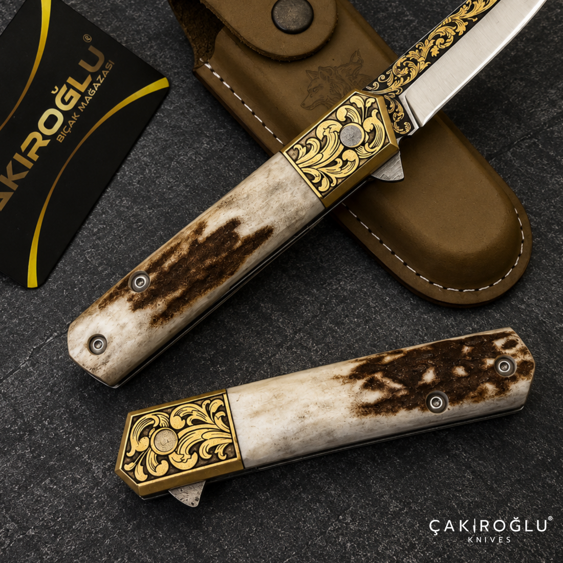 Handmade N690 Folding Pocket Knife with Deer Antler Handle & 14K Gold Engraving