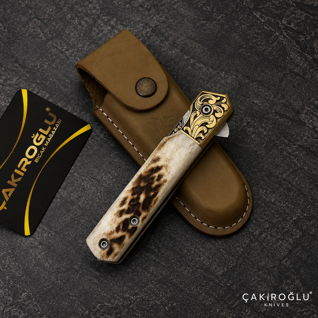Handmade N690 Folding Pocket Knife with Deer Antler Handle & 14K Gold Engraving