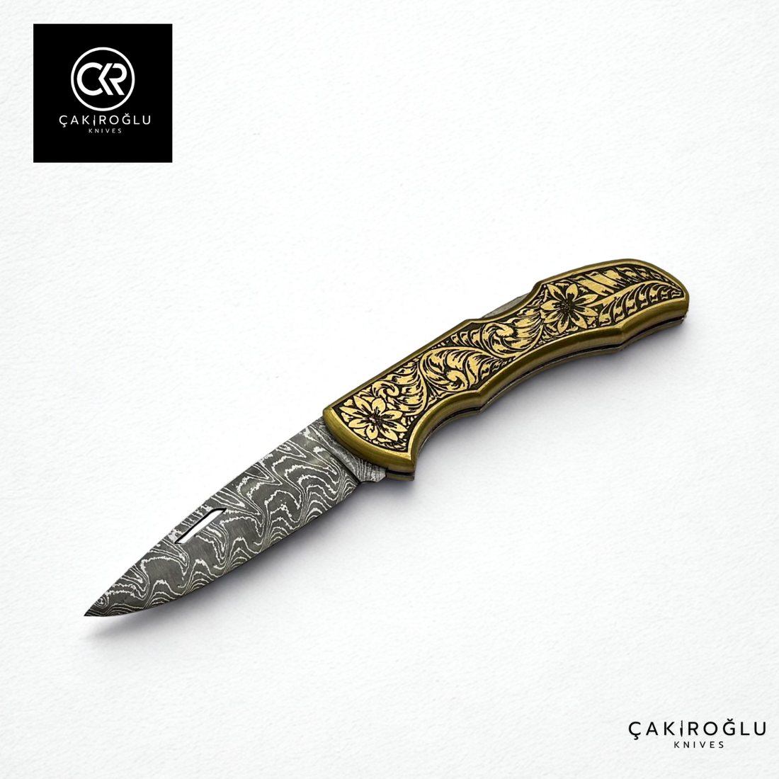 Showy Limited Edition Small Size Handcrafted Custom-made Folding Collectible Knife - Damascus Steel & Engraved Brass Handle