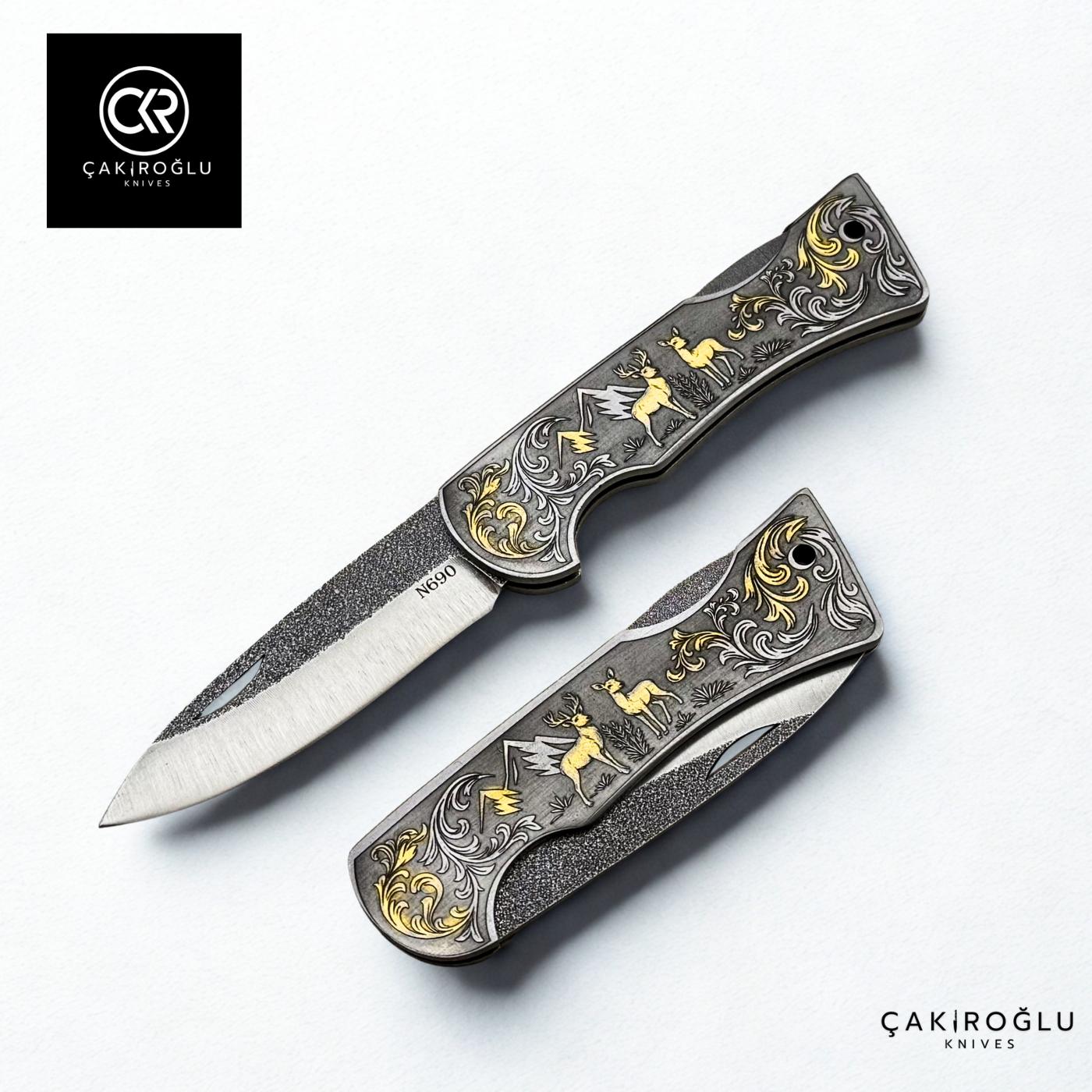 Corvus series N690 - Limited Edition Collector's Folding Knife with 14K gold engraving details on a stainless steel case