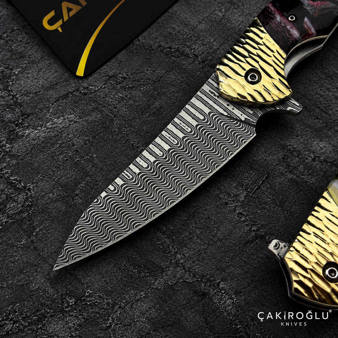 Limited Edition Stainless Damascus Steel Folding Knife with Mammoth Tusk Handle