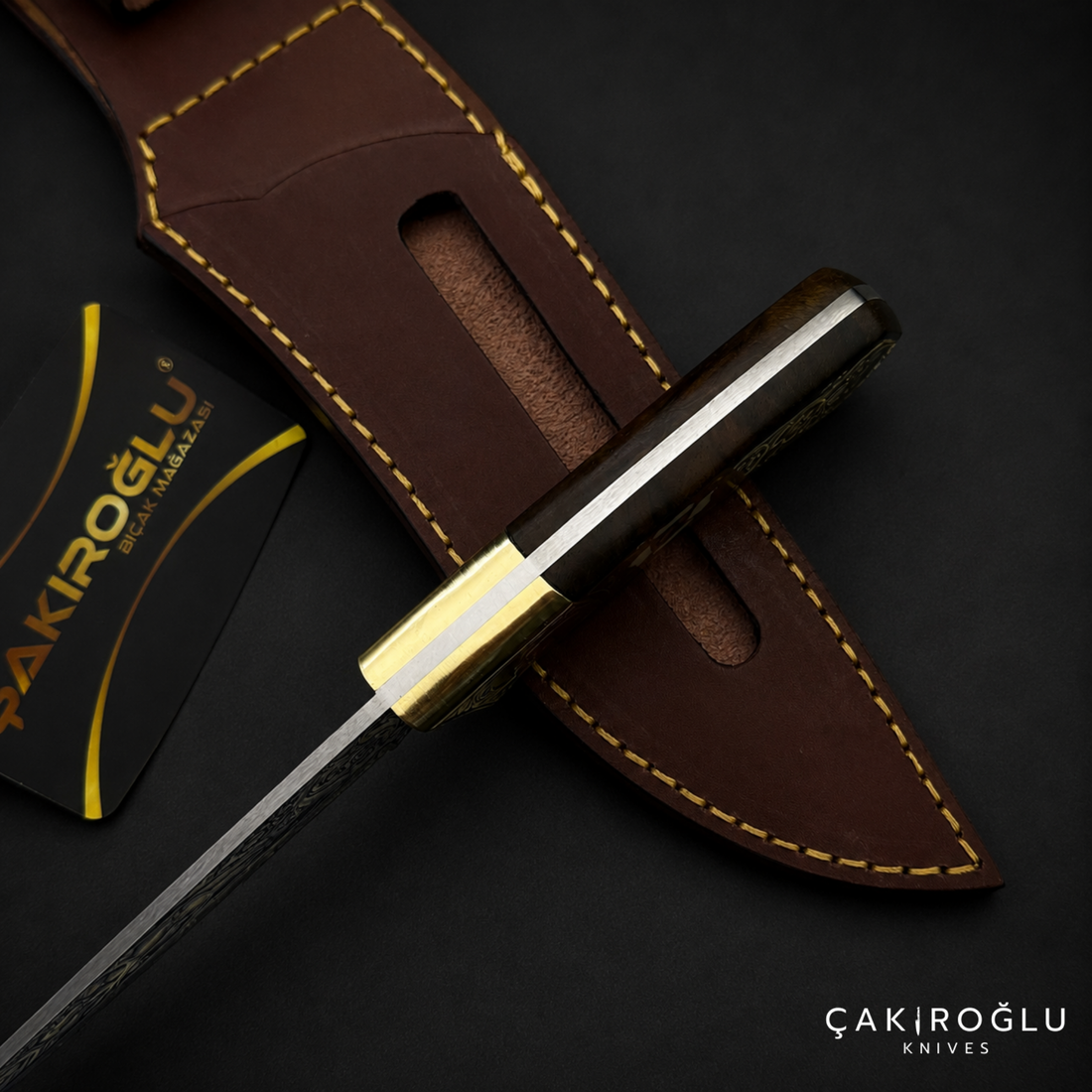 Handmade Gold Engraved N690 Hunting Knife – Walnut Handle with Mother of Pearl & Gold Details